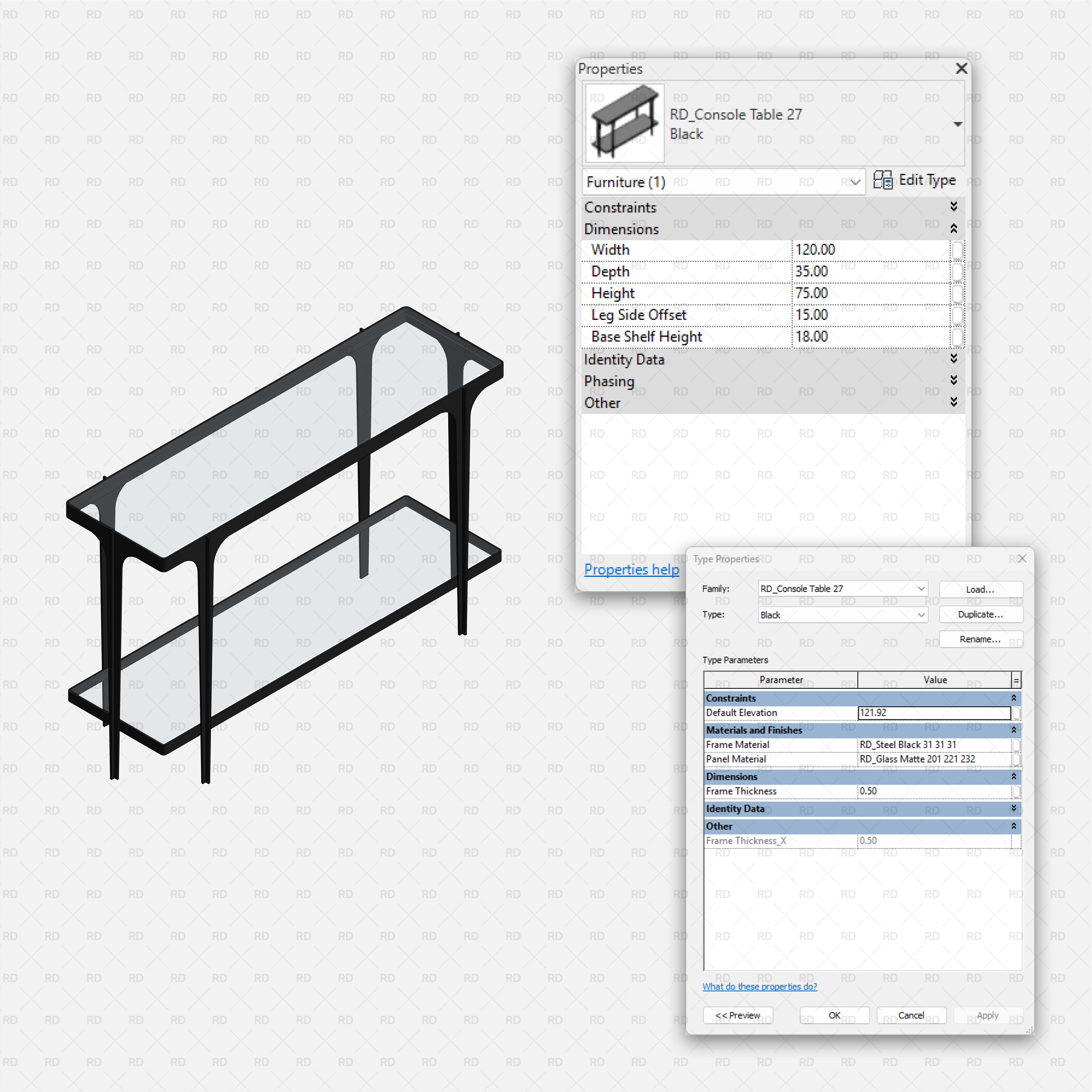 revit metal console table RD Studio BIM blocks rfa, black glass-panel console with rounded frame