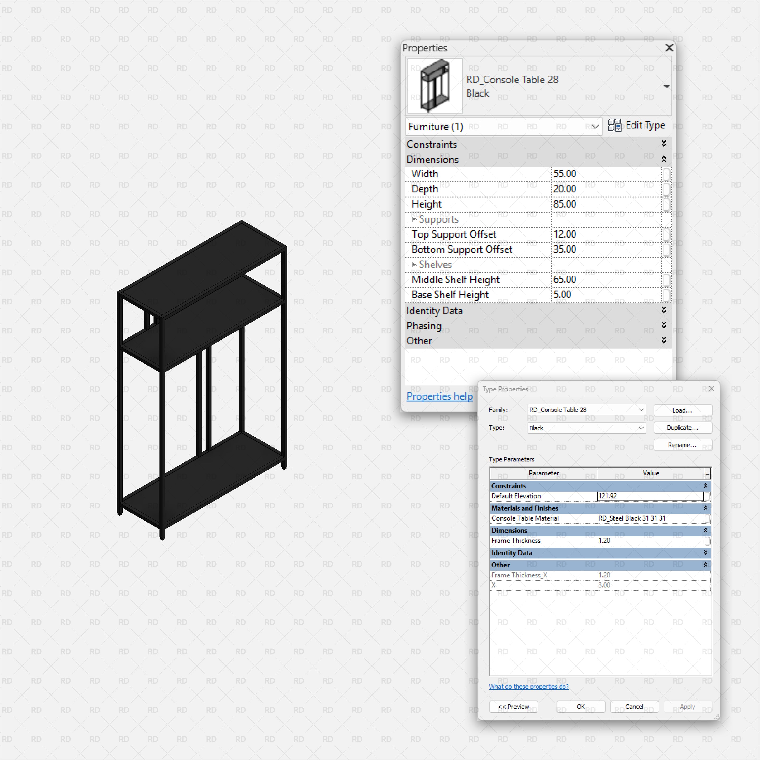 revit metal console table RD Studio BIM blocks rfa, tall narrow shelving console with two shelves
