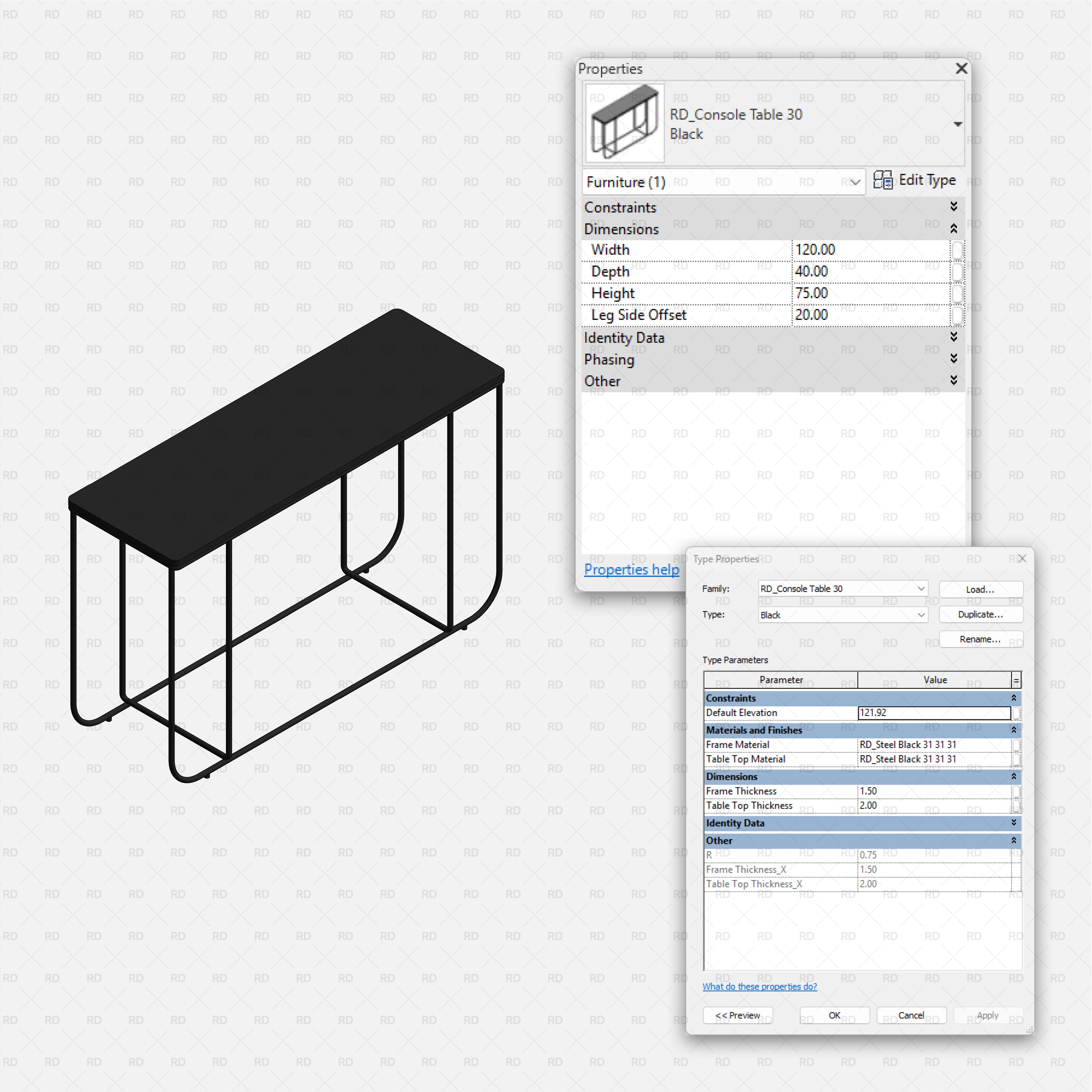 revit metal console table RD Studio BIM blocks rfa, console with curved U-legs and thick top