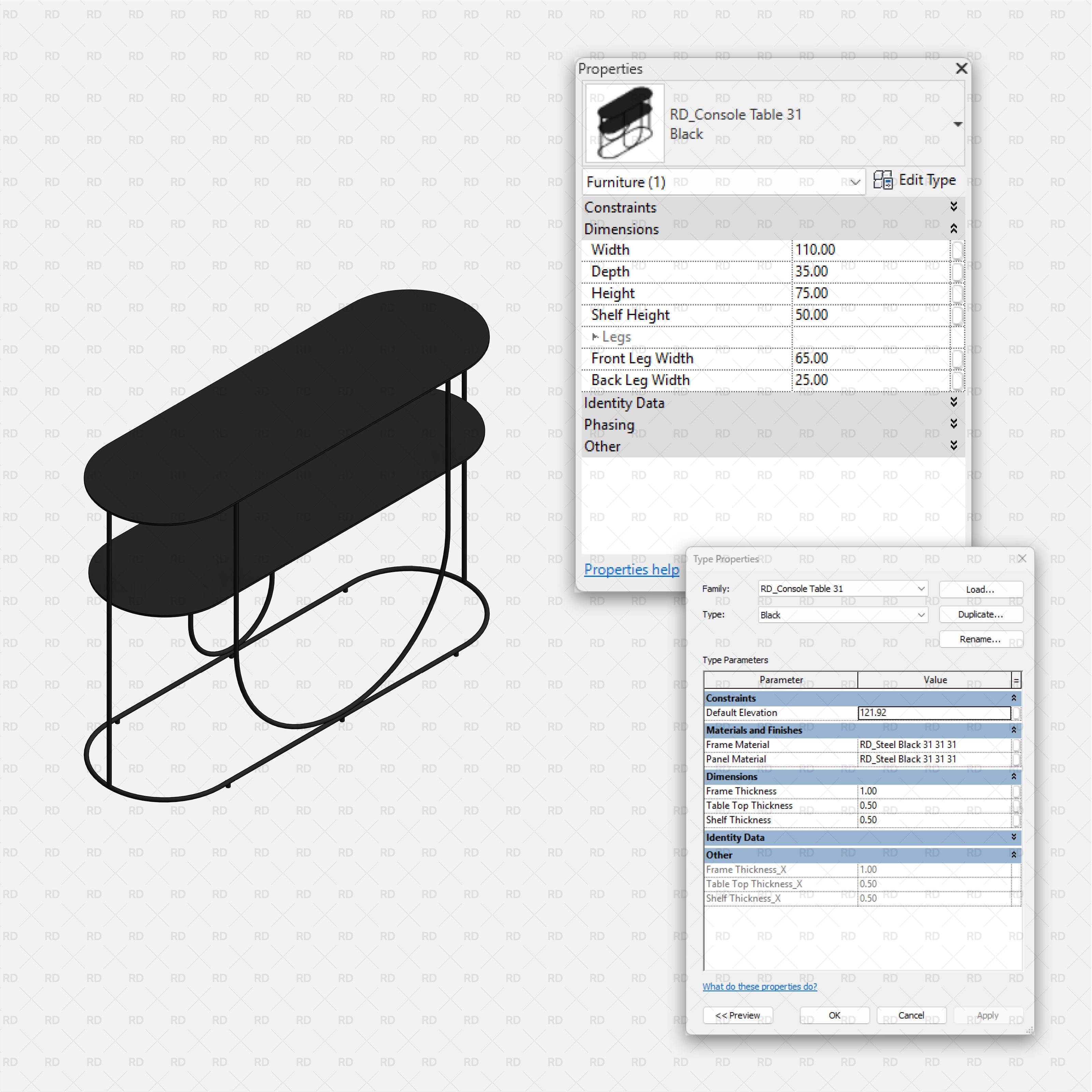 revit metal console table RD Studio BIM blocks rfa Two-tier oval console with curved base and lower shelf