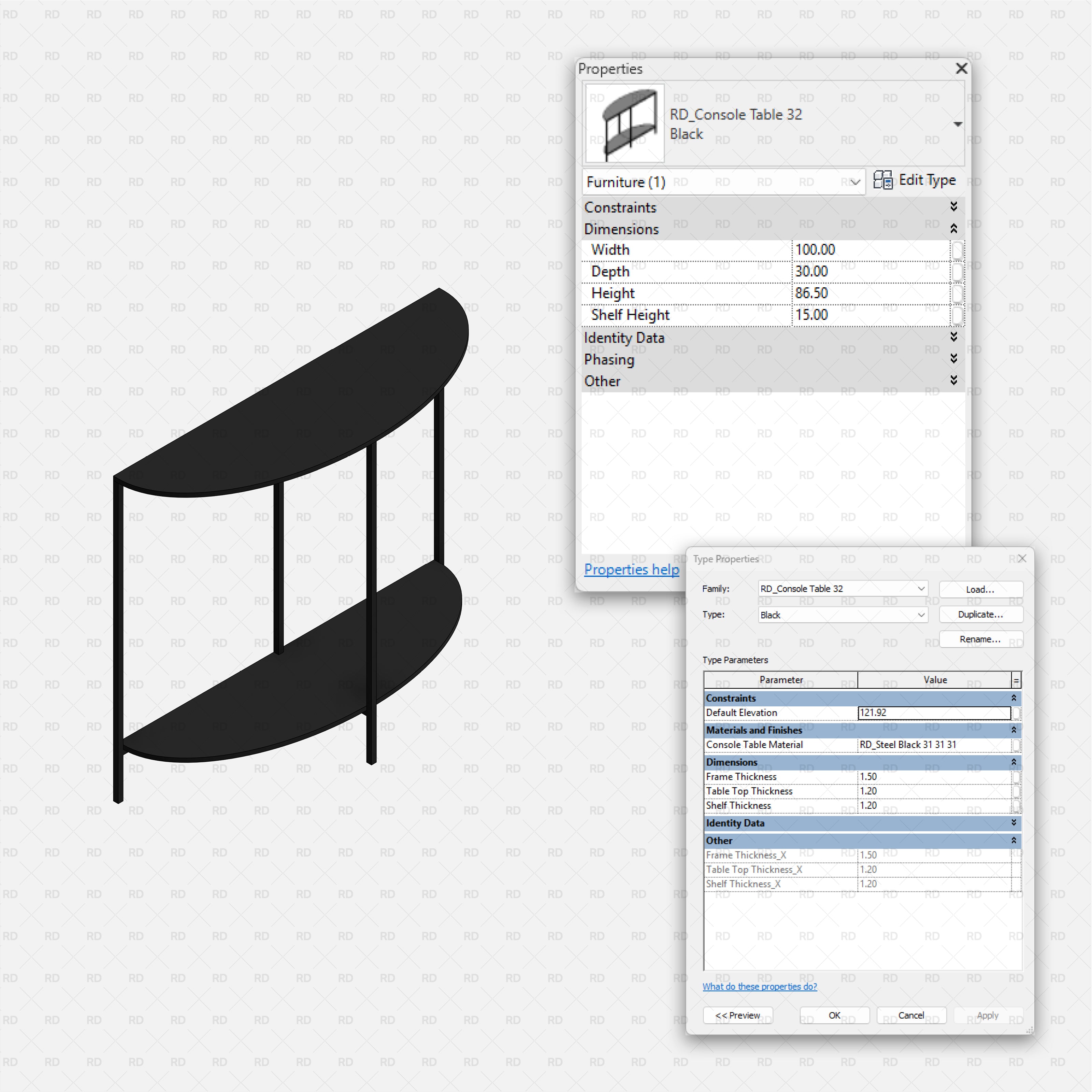 revit metal console table RD Studio BIM blocks rfa Slim double-oval console with four posts and lower shelf