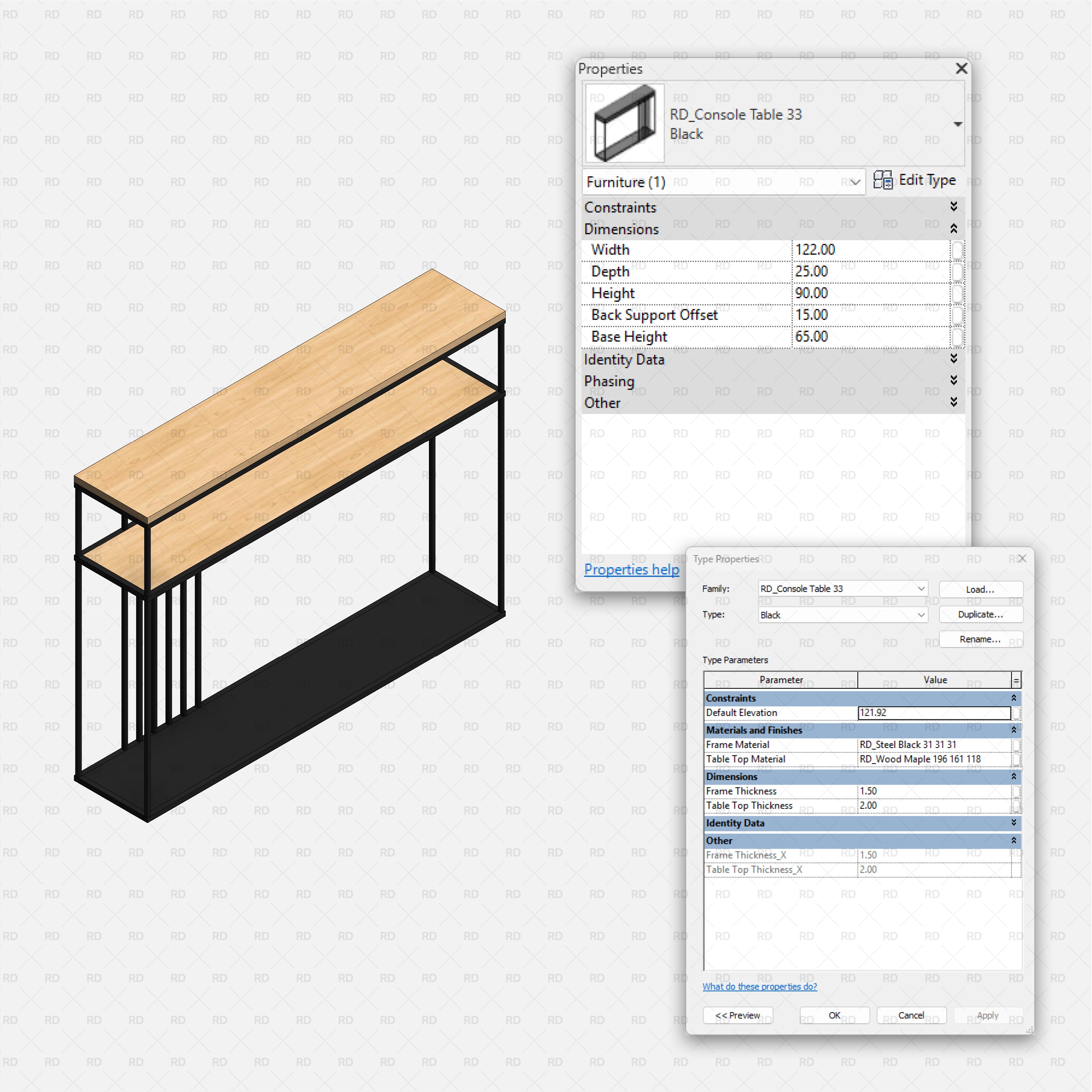 revit metal console table RD Studio BIM blocks rfa Wood top console on black frame with full-length lower shelf