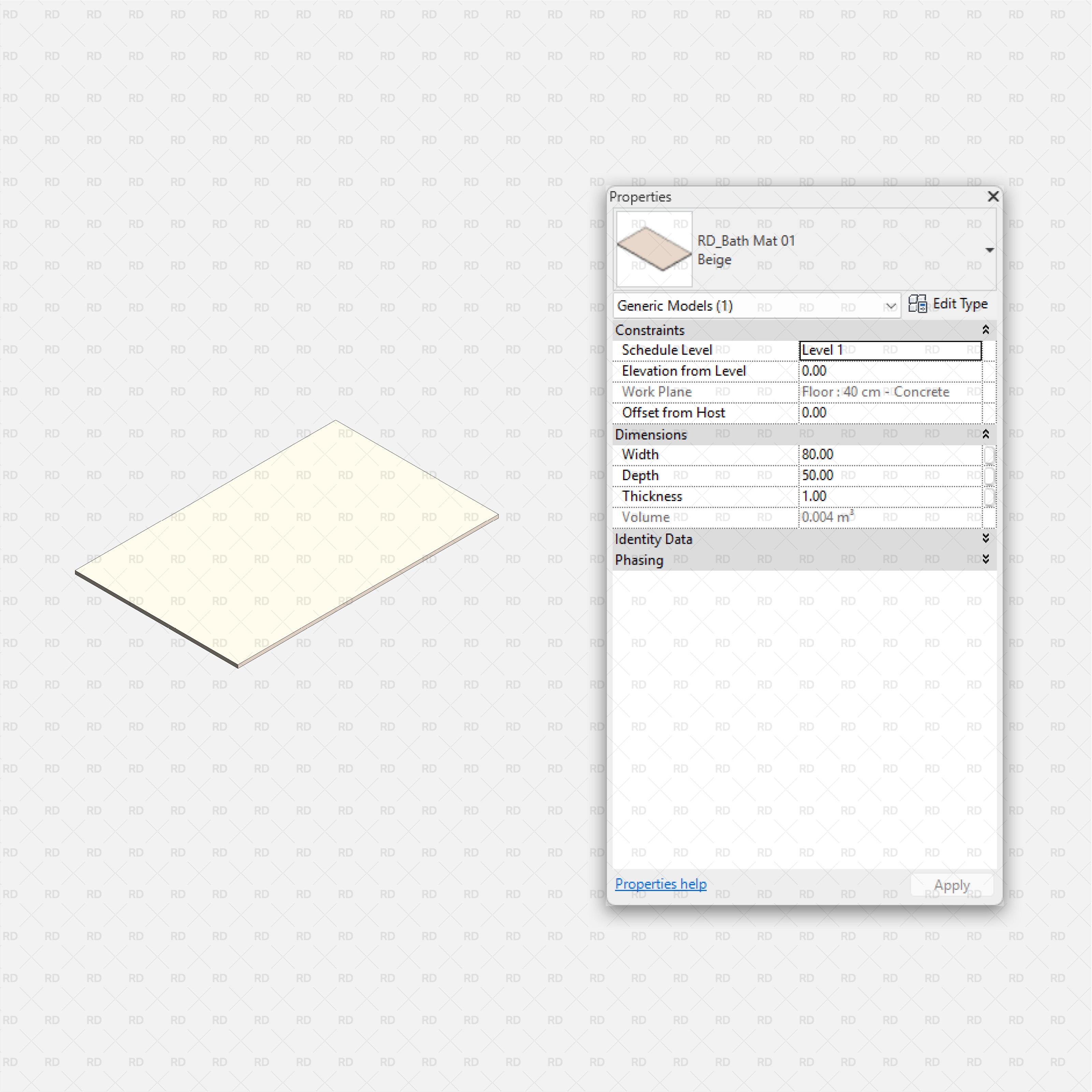 Revit Bathroom Furniture Accessories RD Studio BIM Blocks RFA - Rectangular Beige Bath Mat Family