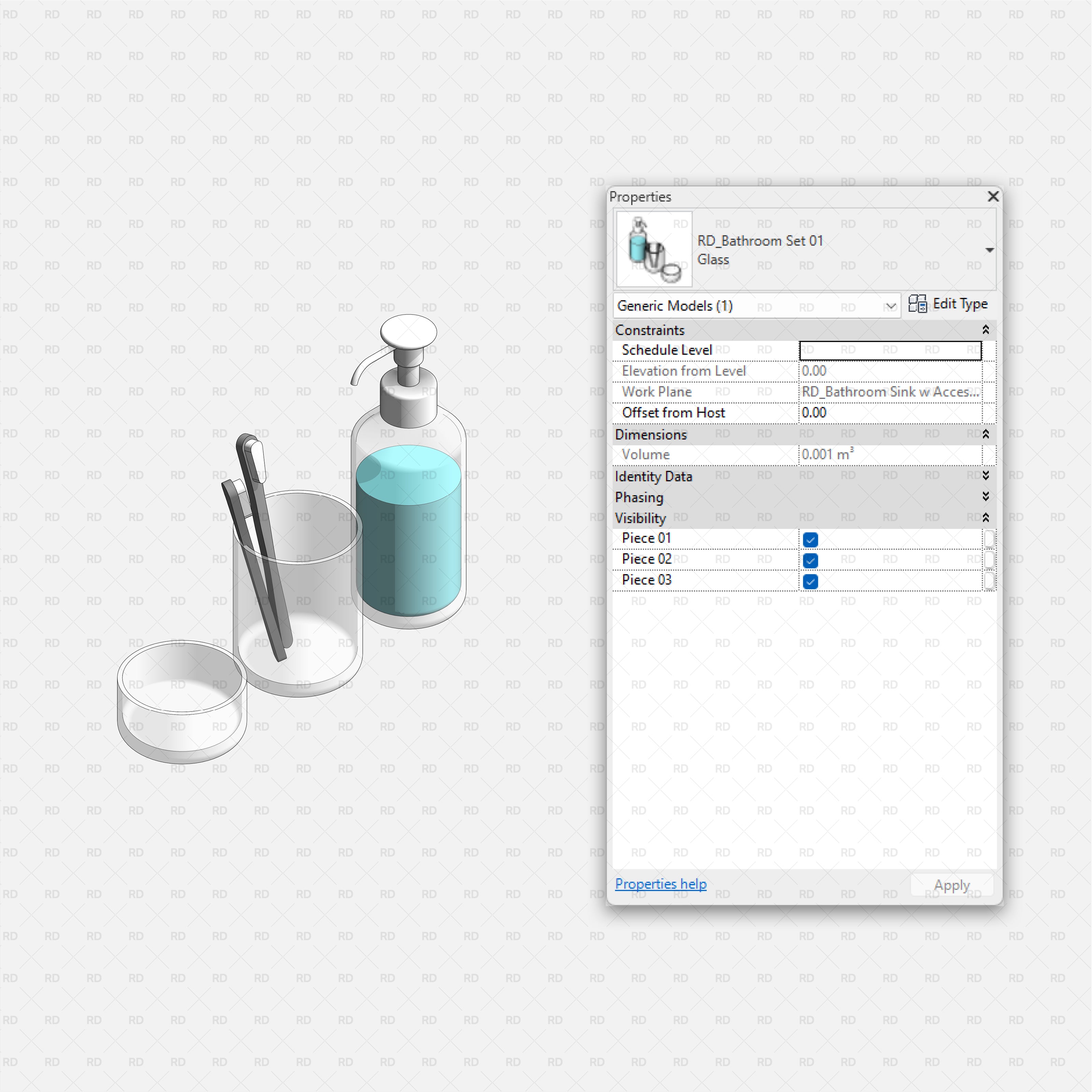 Revit Bathroom Furniture Accessories RD Studio BIM Blocks RFA Glass Countertop Accessory Set With Dispenser Family