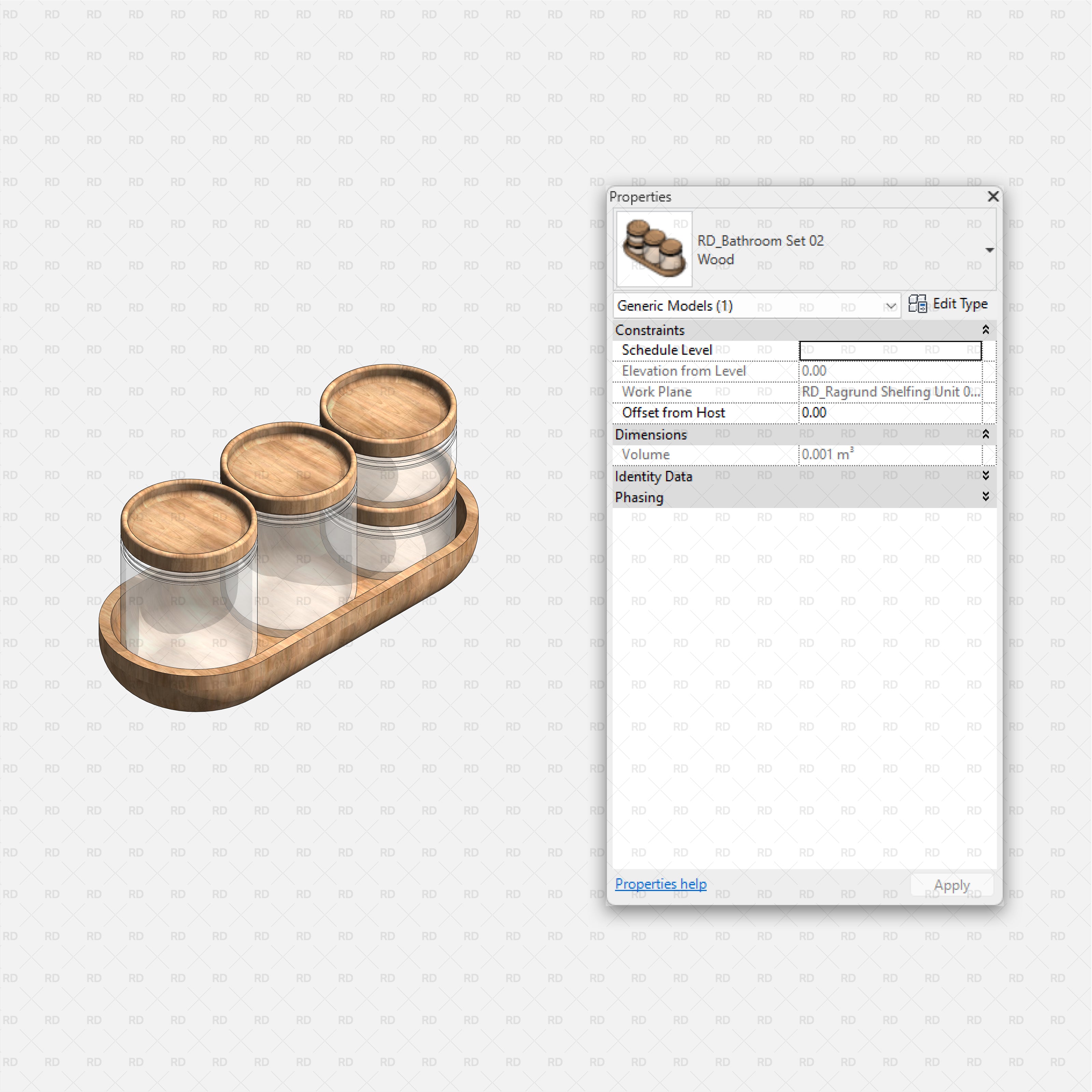 Revit Bathroom Furniture Accessories RD Studio BIM Blocks RFA Wooden Tray With Three Glass Canisters Family