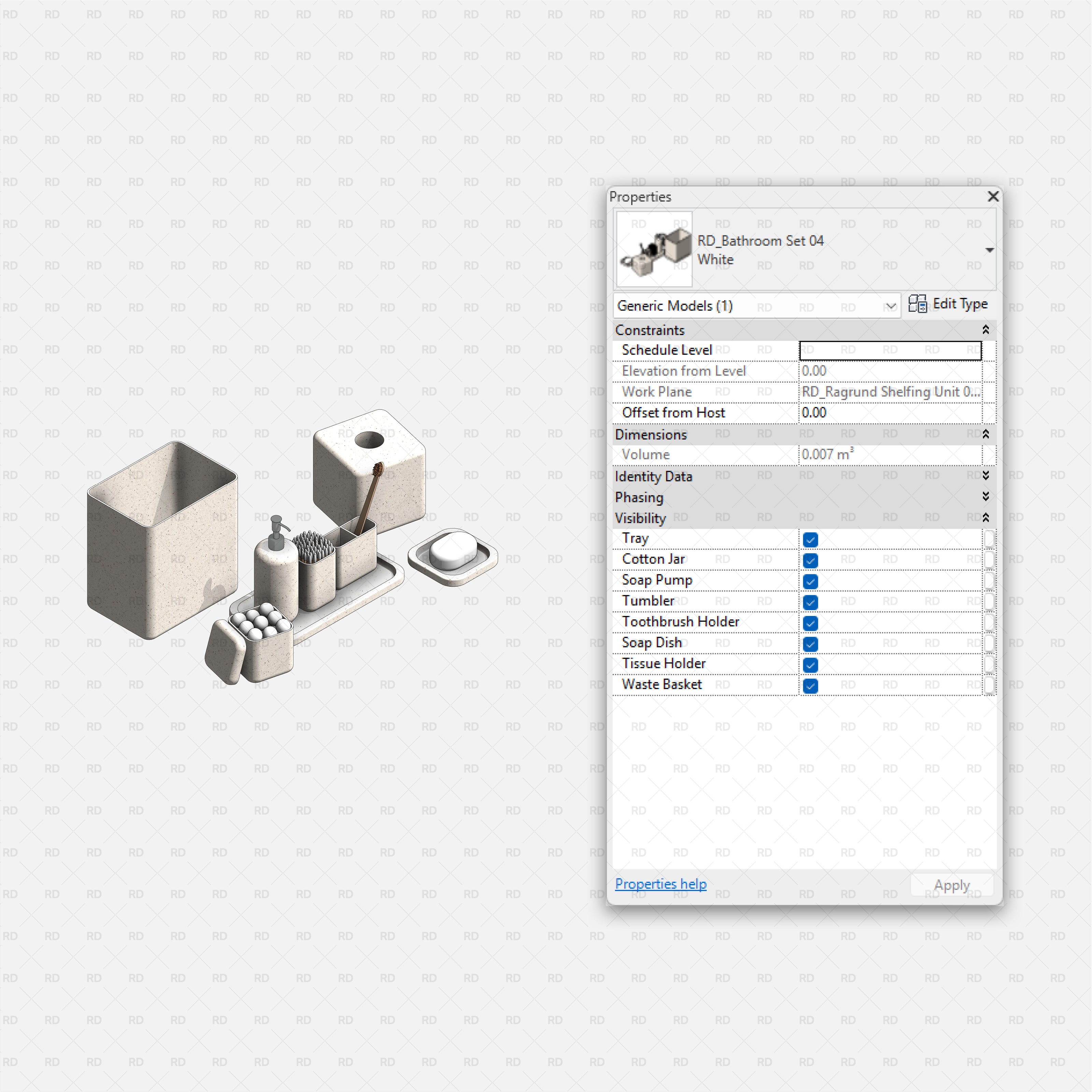 Revit Bathroom Furniture Accessories RD Studio BIM Blocks RFA Eight Piece White Concrete Bathroom Accessory Set Family