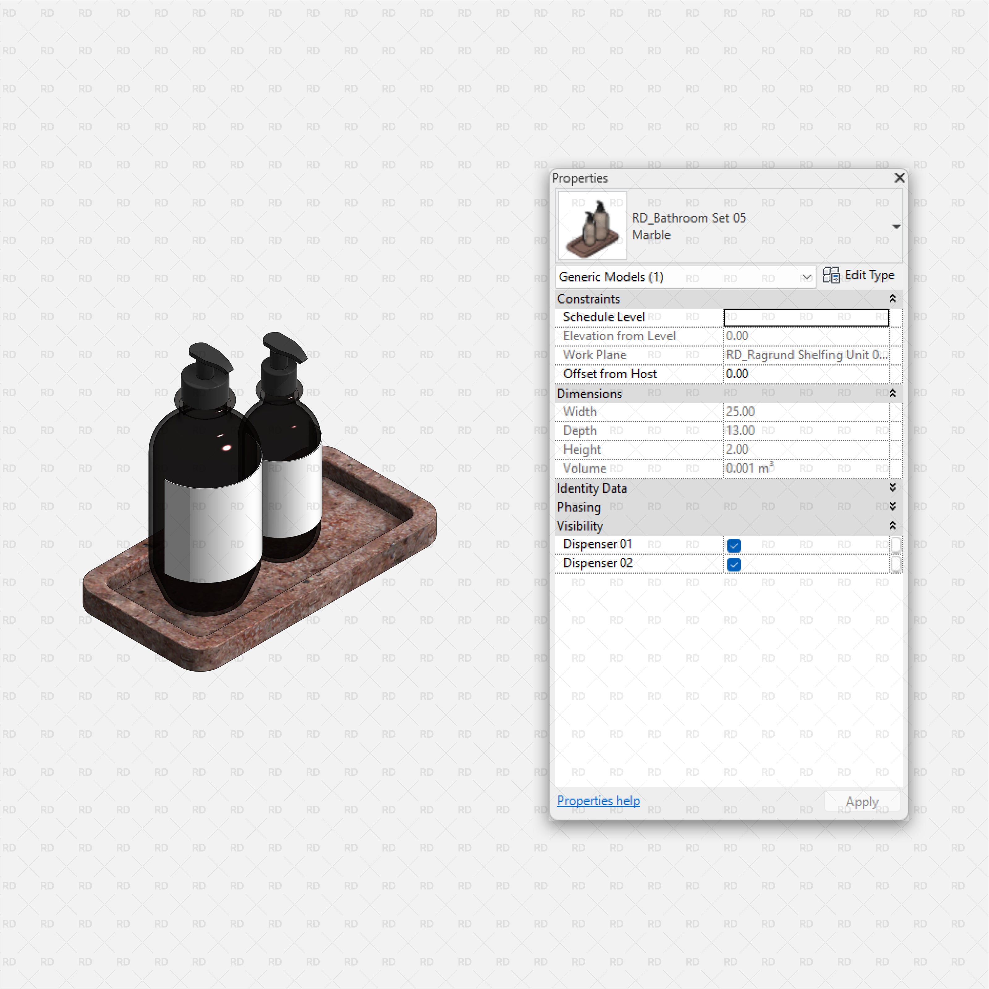Revit Bathroom Furniture Accessories RD Studio BIM Blocks RFA Marble Tray With Two Black Soap Dispensers Family