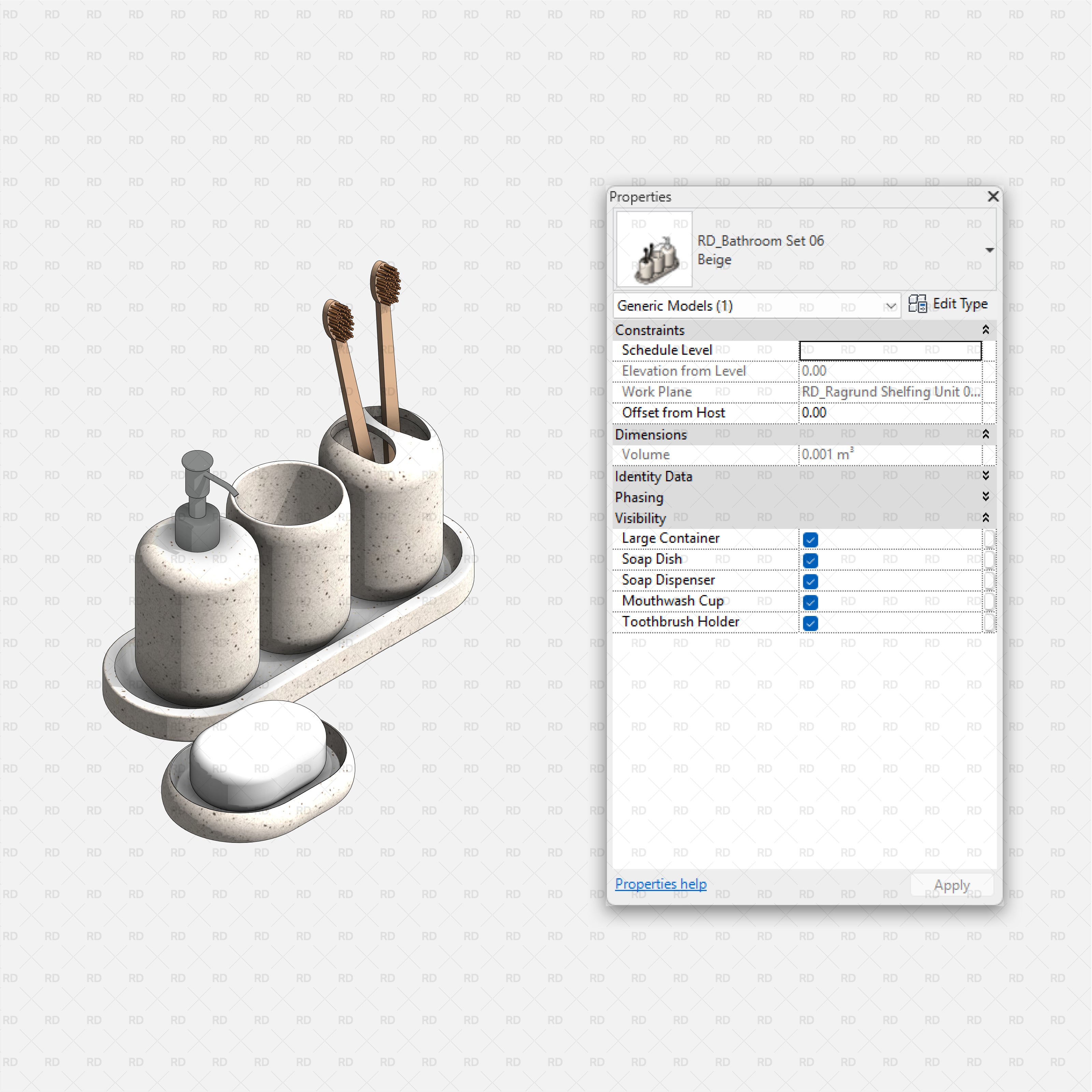Revit Bathroom Furniture Accessories RD Studio BIM Blocks RFA Beige Stone Tray Accessory Set With Toothbrushes Family