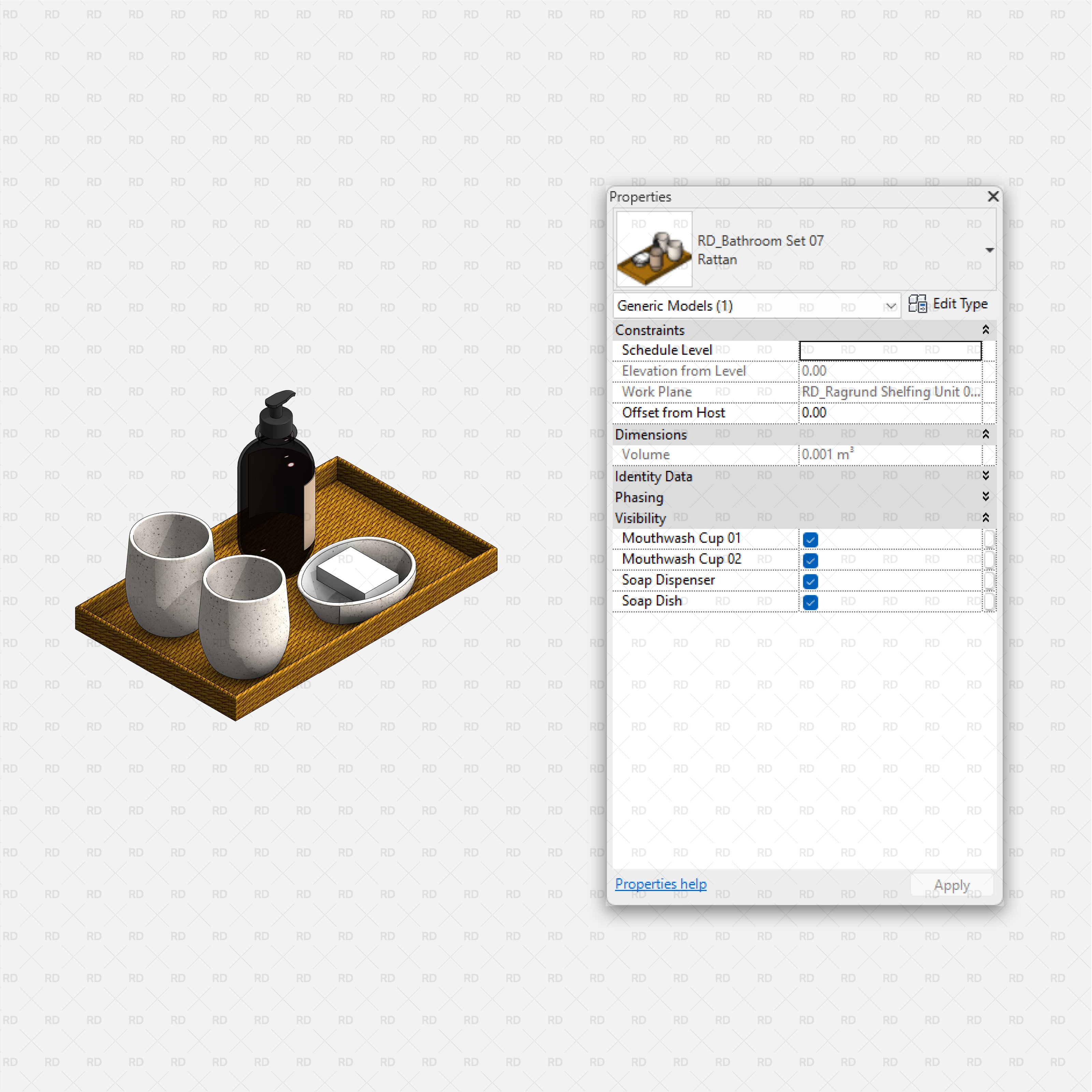 Revit Bathroom Furniture Accessories RD Studio BIM Blocks RFA Rattan Tray Bathroom Accessory Set Family
