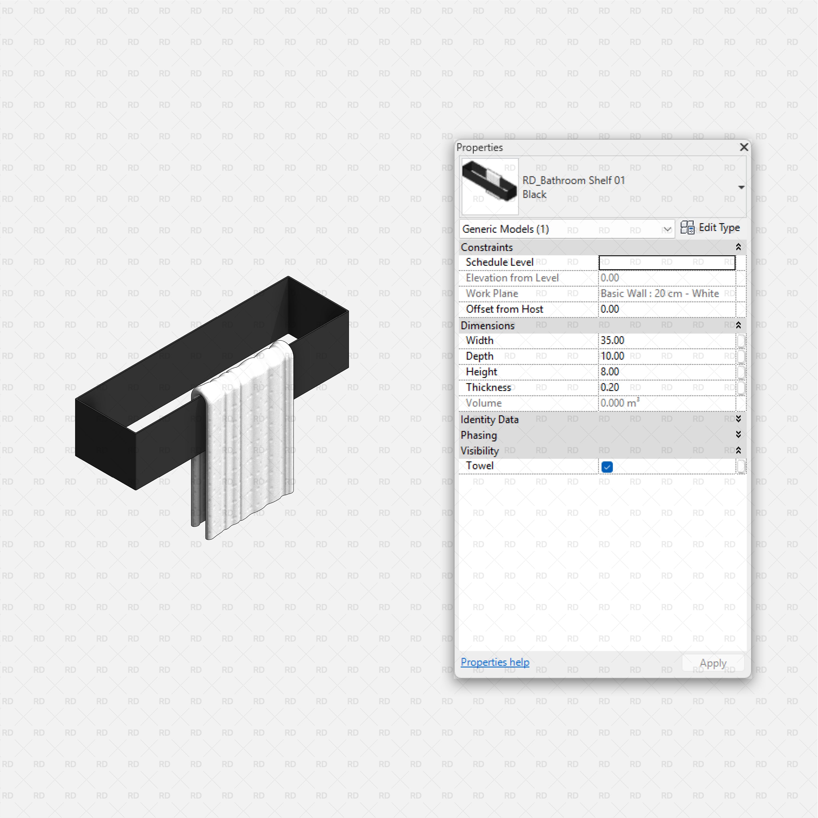 Revit Bathroom Furniture Accessories RD Studio BIM Blocks RFA Black Wall Shelf With Hanging Towel Family
