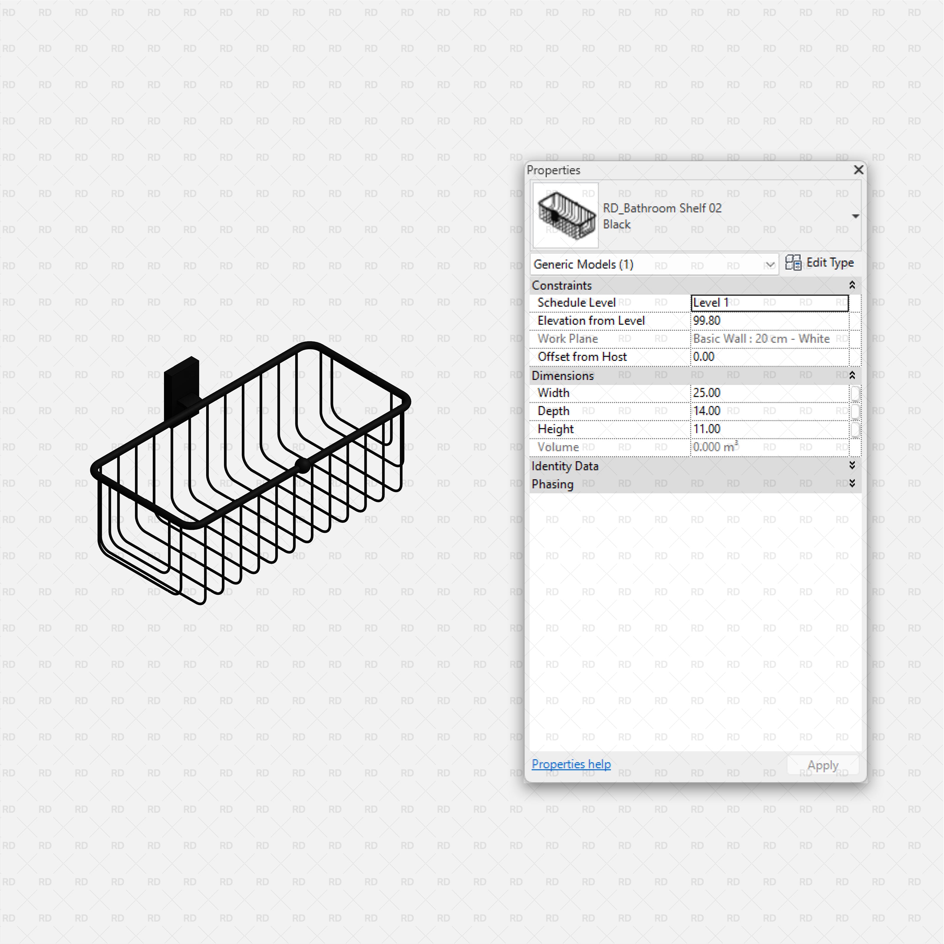 Revit Bathroom Furniture Accessories RD Studio BIM Blocks RFA Black Wire Rectangular Wall Basket Shelf Family