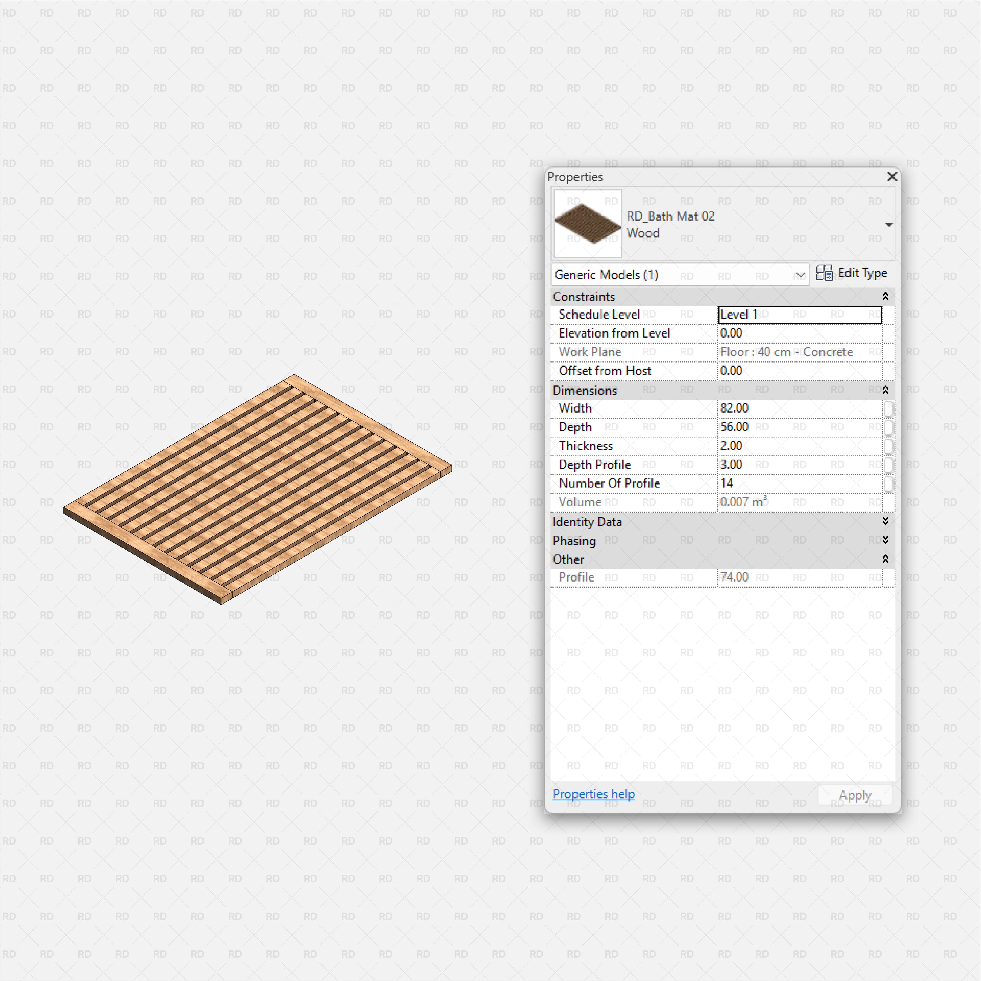 Revit Bathroom Furniture Accessories RD Studio BIM Blocks RFA - Wooden Slatted Bath Mat Family