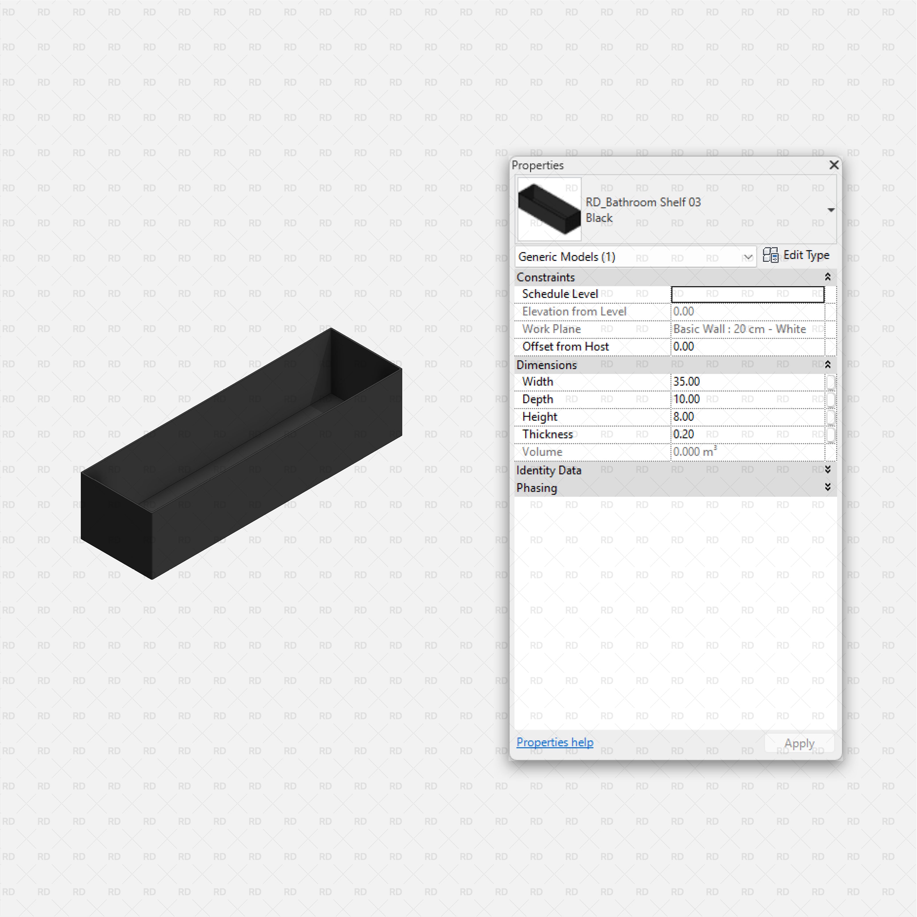 Revit Bathroom Furniture Accessories RD Studio BIM Blocks RFA Black Rectangular Deep Wall Shelf Tray Family