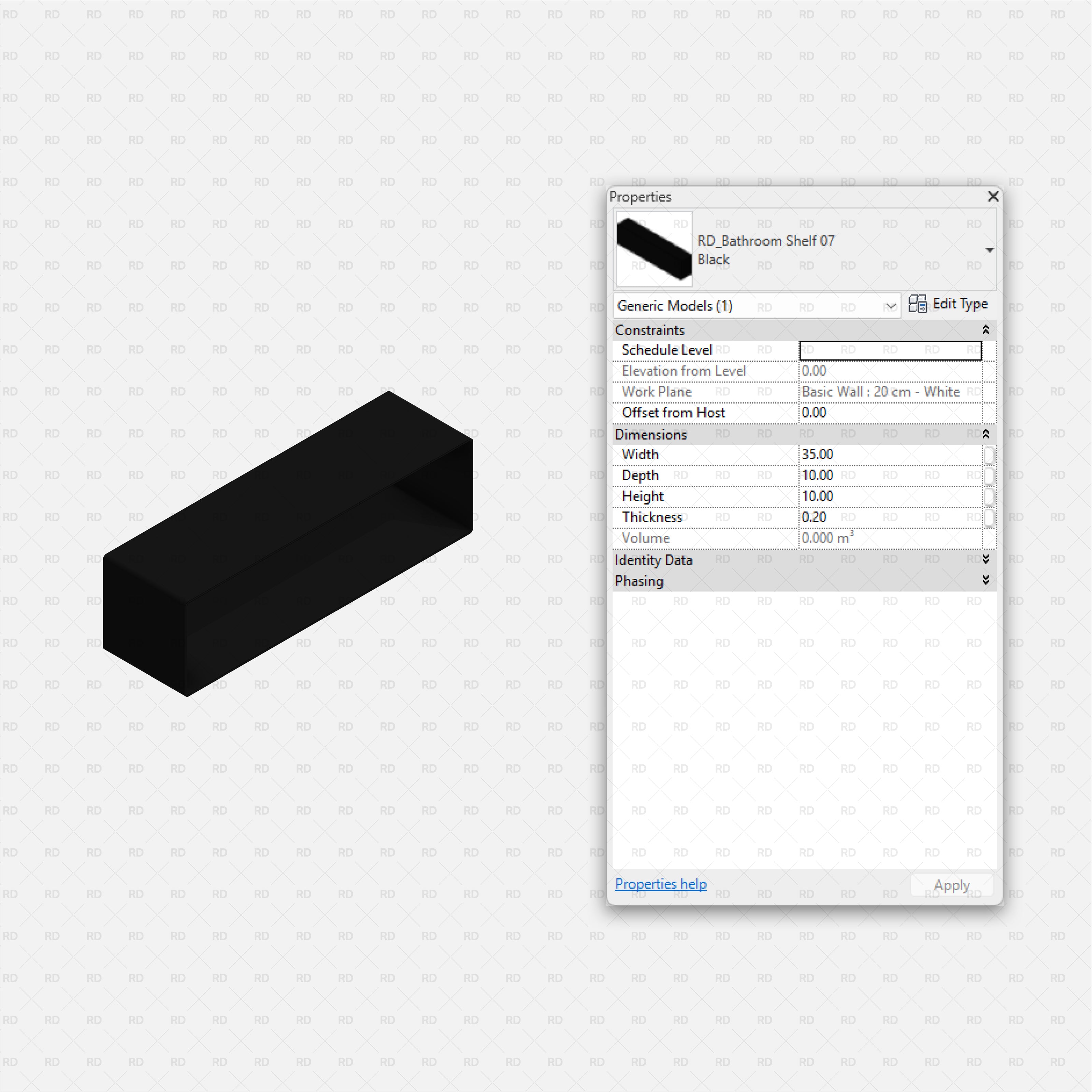 Revit Bathroom Furniture Accessories RD Studio BIM Blocks RFA Black Boxy Rectangular Wall Shelf Family