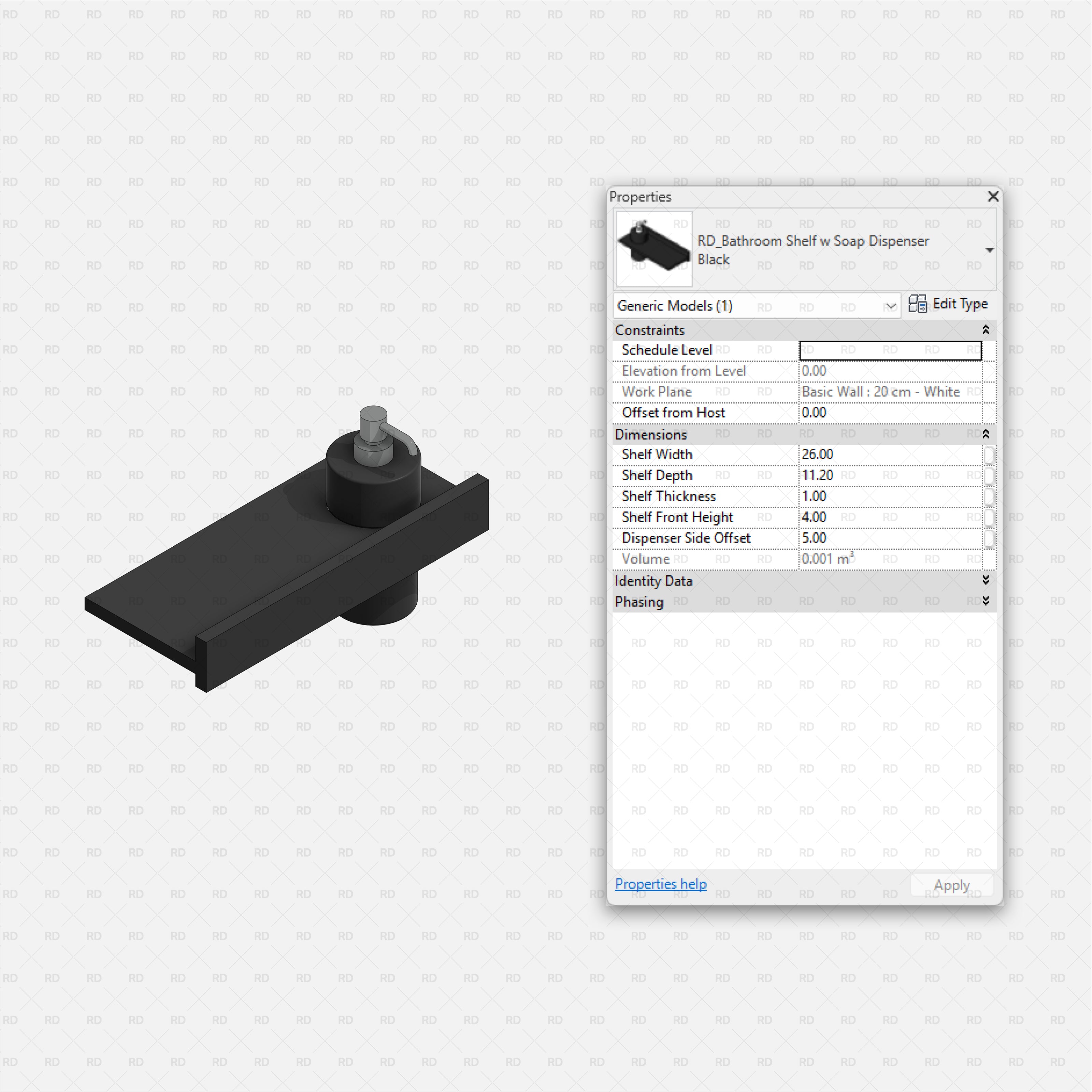 Revit Bathroom Furniture Accessories RD Studio BIM Blocks RFA Black Wall Shelf With Integrated Soap Dispenser Family