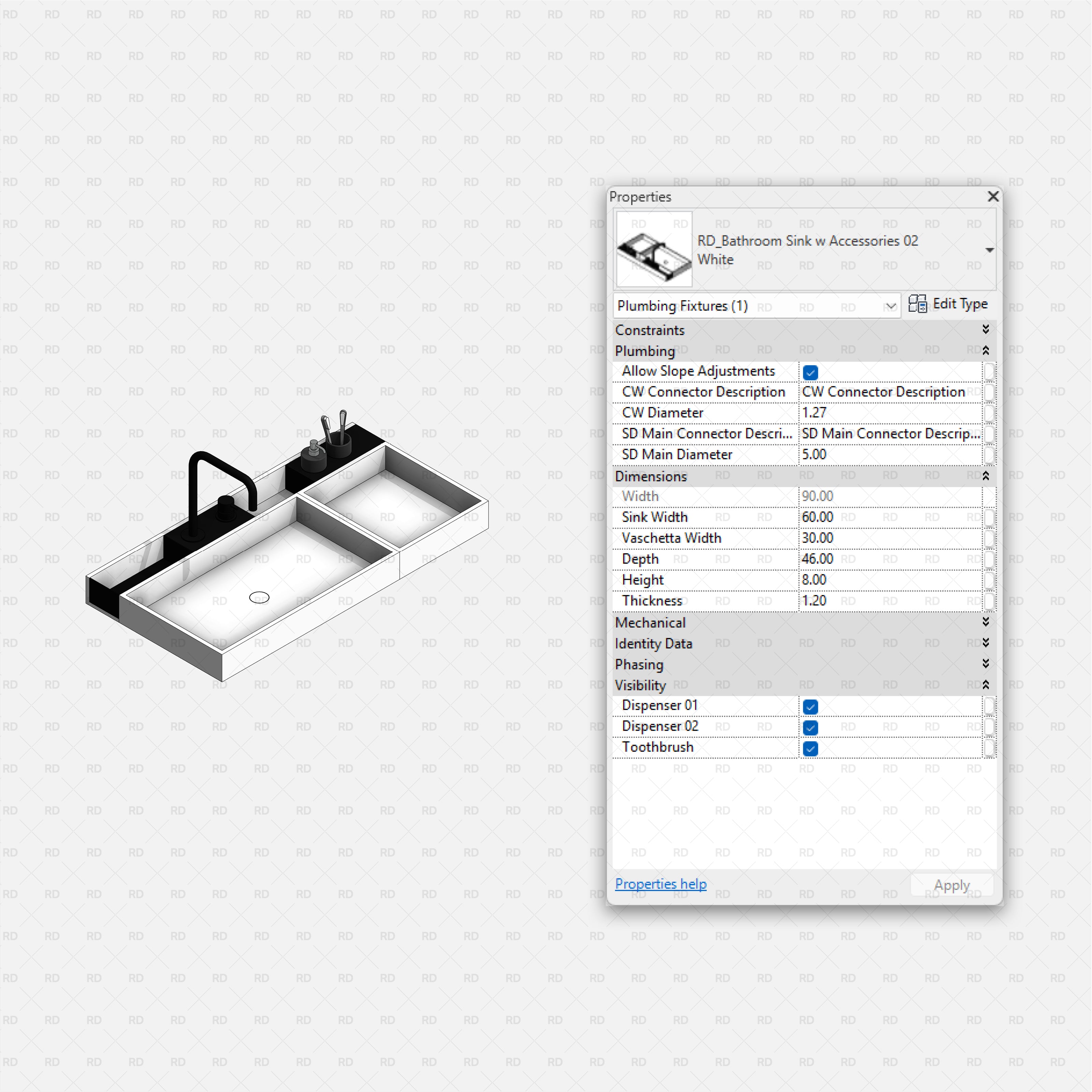 Revit Bathroom Furniture Accessories RD Studio BIM Blocks RFA White Sink With Two Dispensers And Toothbrush Holder Family
