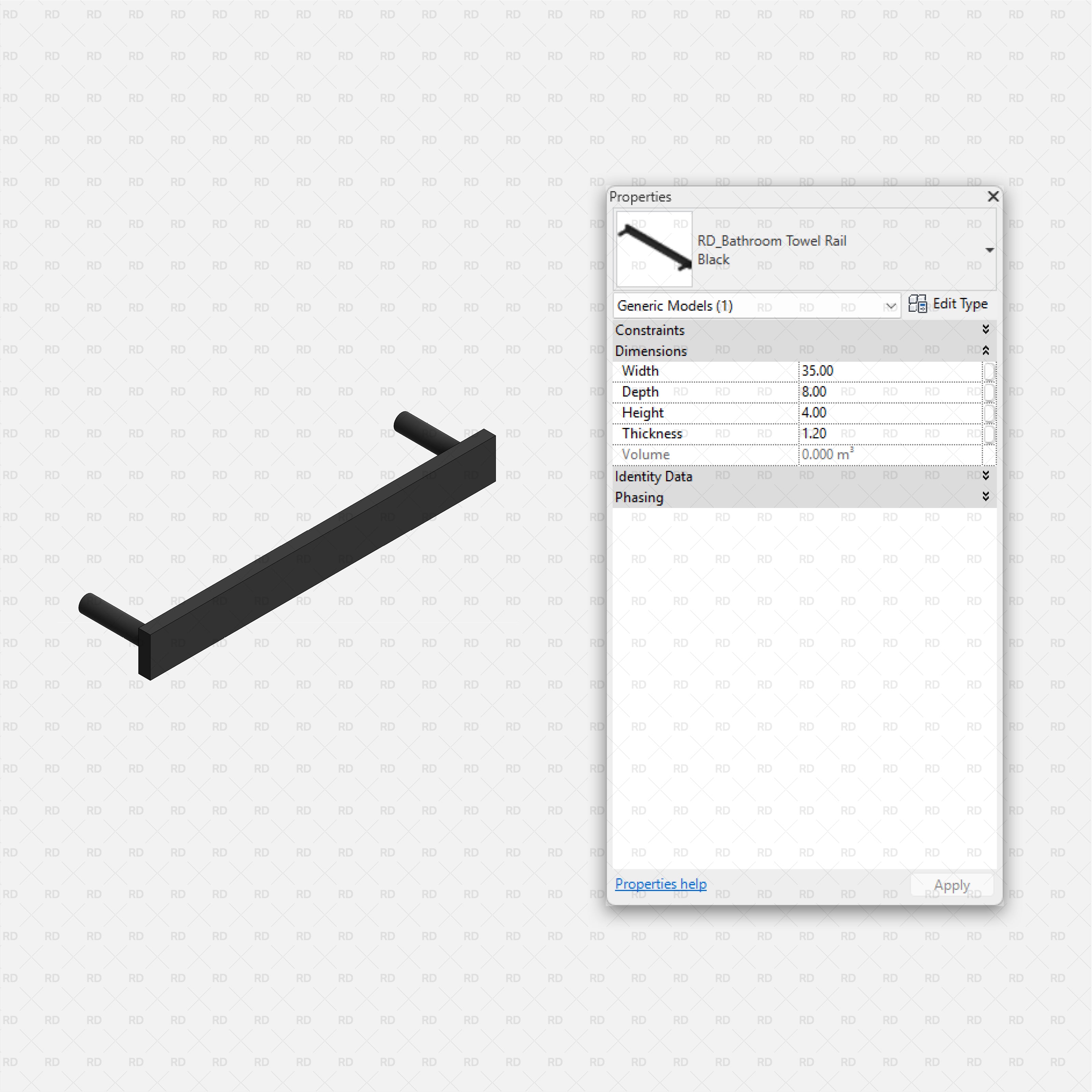 Revit Bathroom Furniture Accessories RD Studio BIM Blocks RFA Black Wall Mounted Towel Rail Bar Family