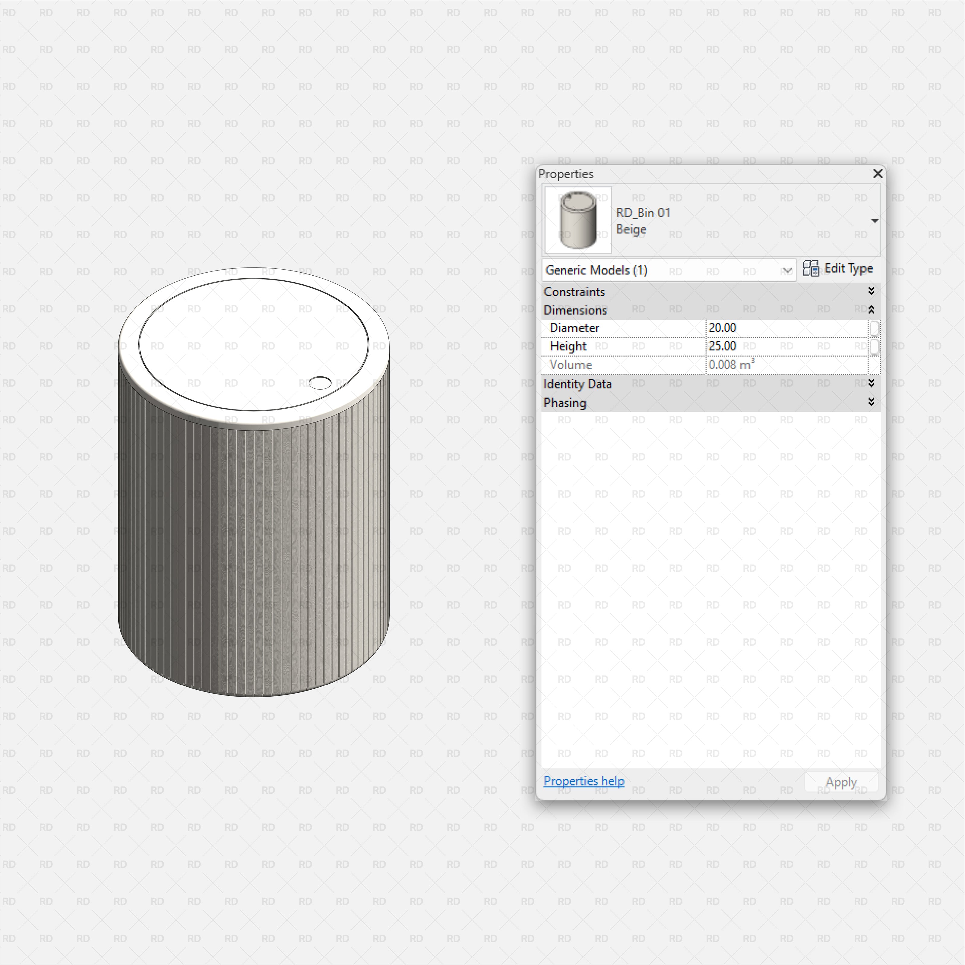Revit Bathroom Furniture Accessories RD Studio BIM Blocks RFA Beige Cylindrical Bathroom Waste Bin Family