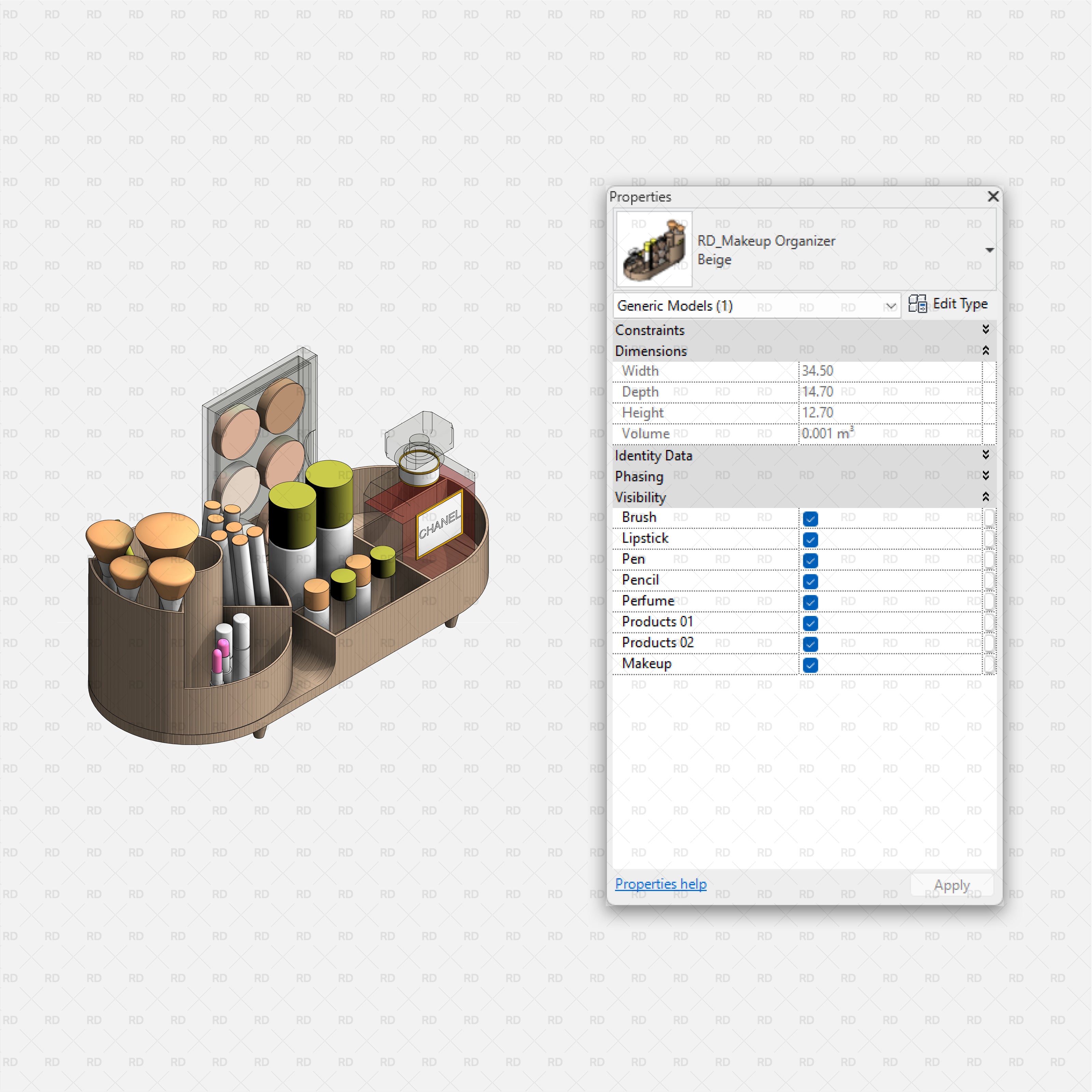 revit bathroom furniture accessories RD Studio BIM blocks RFA – parametric makeup organizer family with visibility options