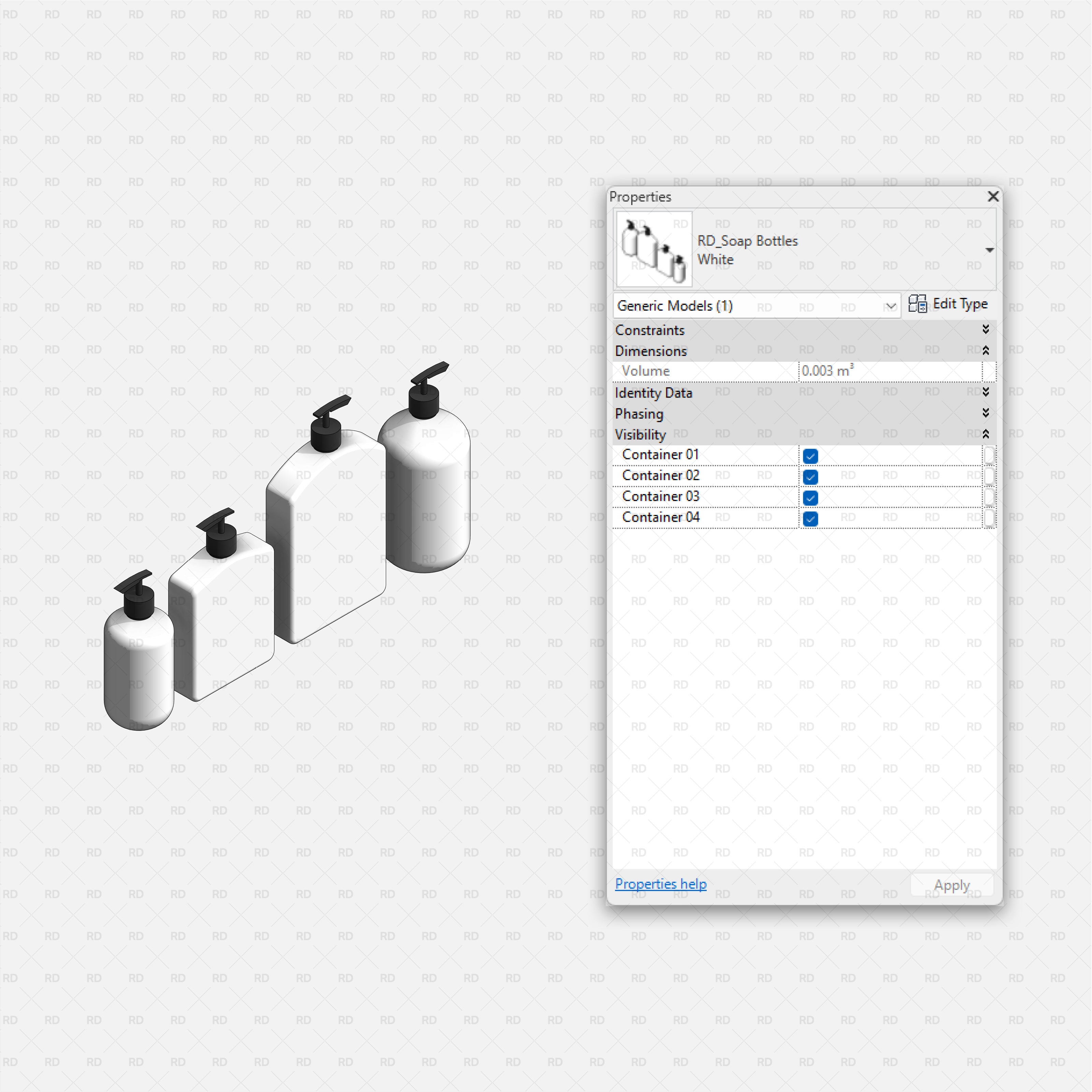 Revit Bathroom Furniture Accessories RD Studio BIM Blocks RFA Set Of Four White Pump Soap Bottles Family