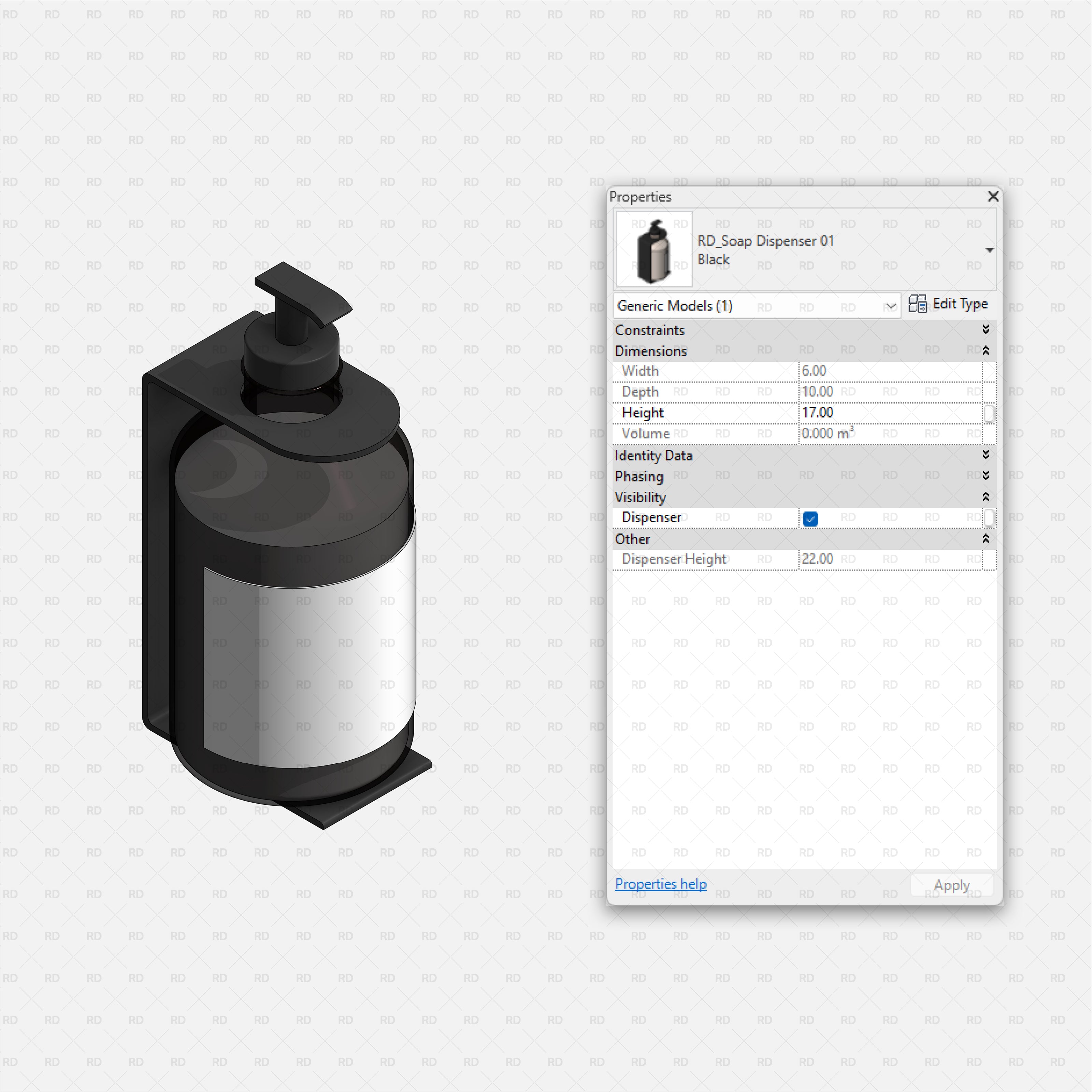 Revit Bathroom Furniture Accessories RD Studio BIM Blocks RFA Black Wall Mounted Soap Dispenser 01 Family