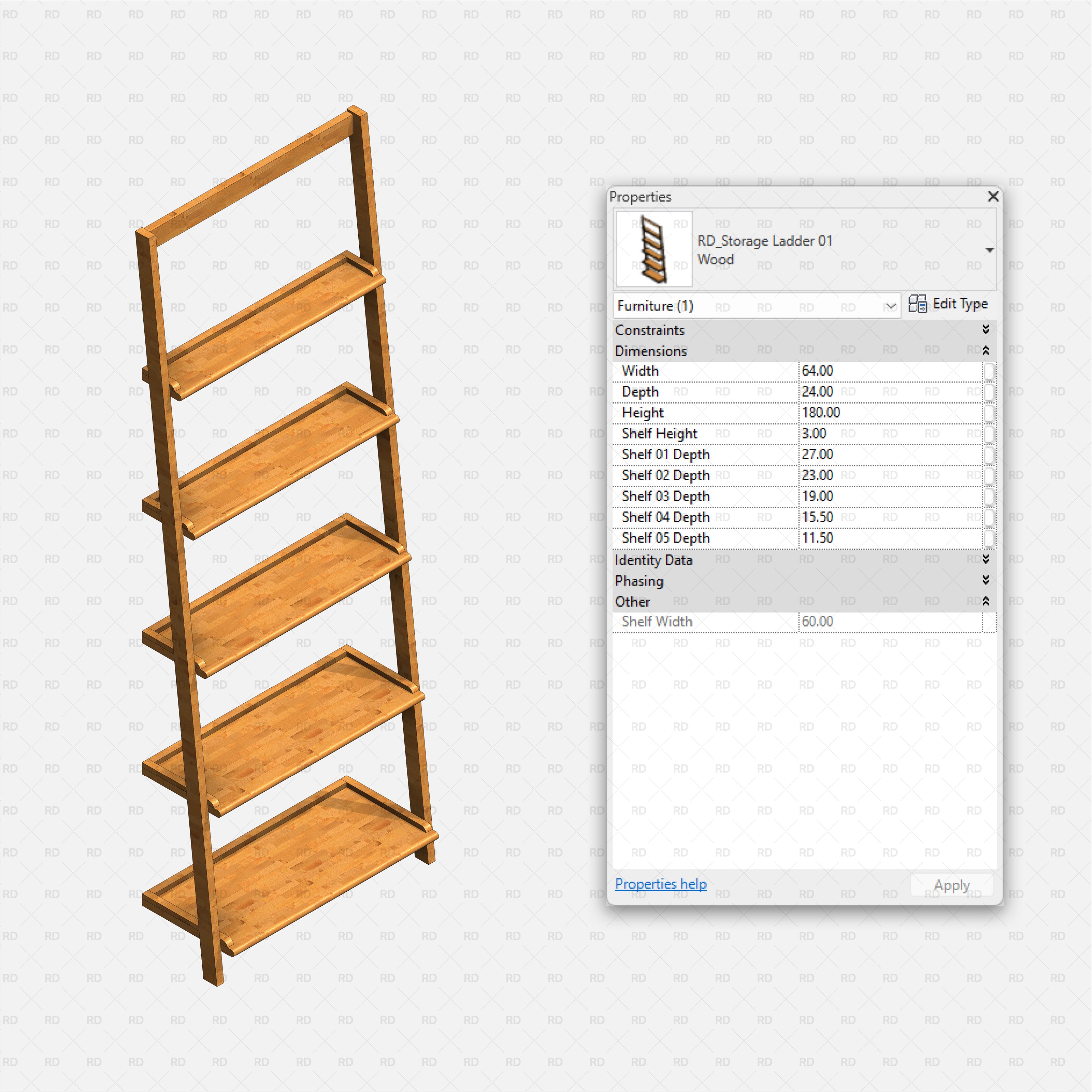 Revit Bathroom Furniture Accessories RD Studio BIM Blocks RFA Wood Ladder Five Shelf Storage Family
