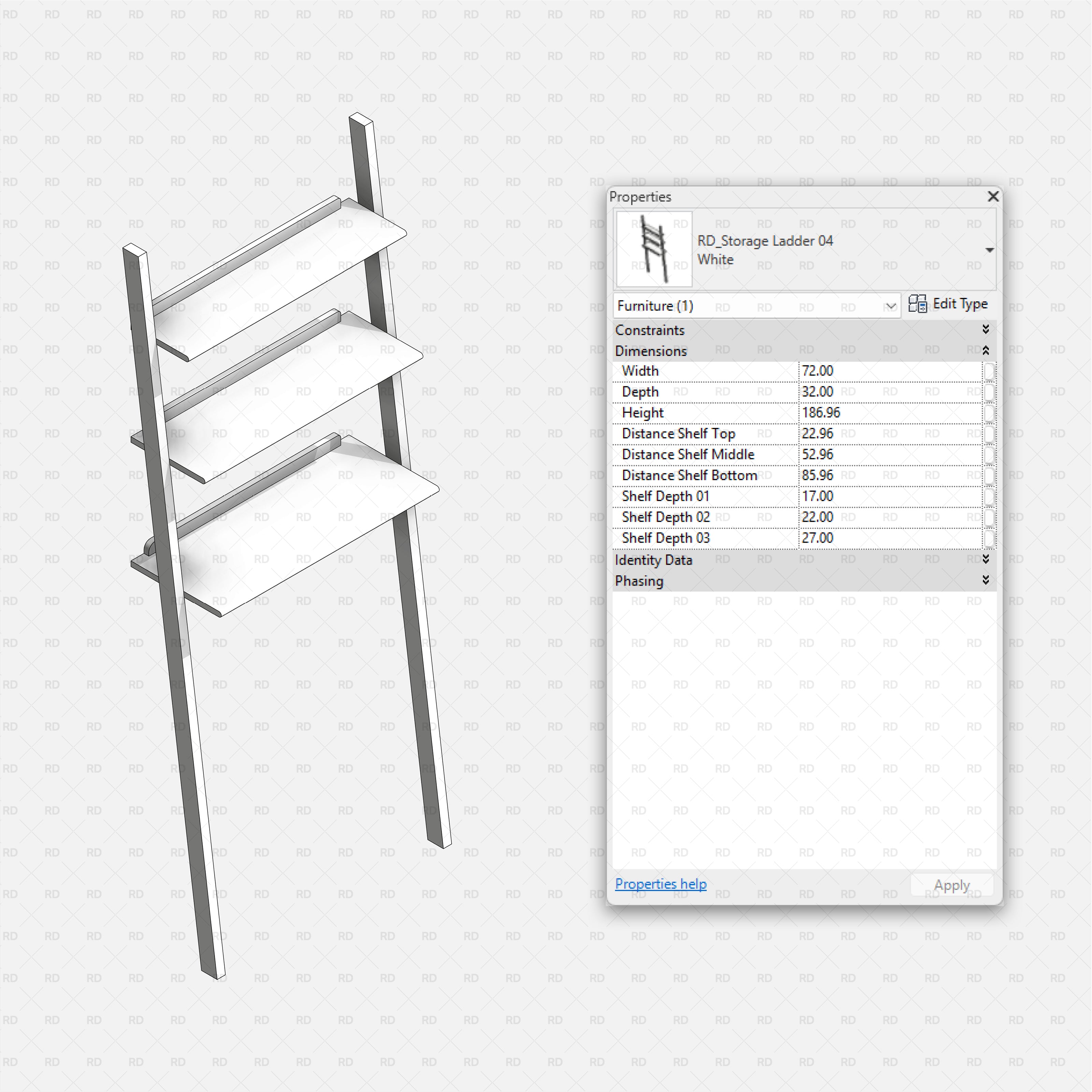Revit Bathroom Furniture Accessories RD Studio BIM Blocks RFA White Ladder 04 With Three Angled Shelves Storage Family