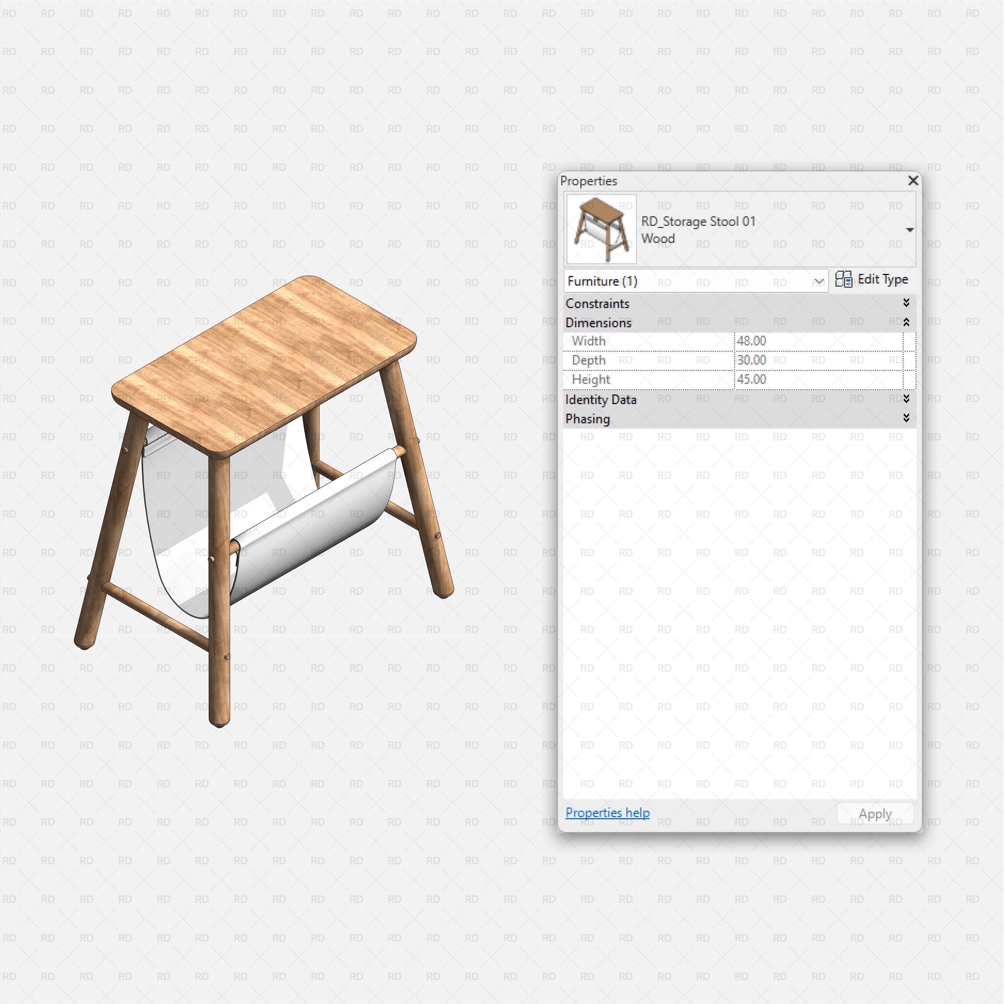 Revit Bathroom Furniture Accessories RD Studio BIM Blocks RFA Wooden Storage Stool With Magazine Sling 01 Family