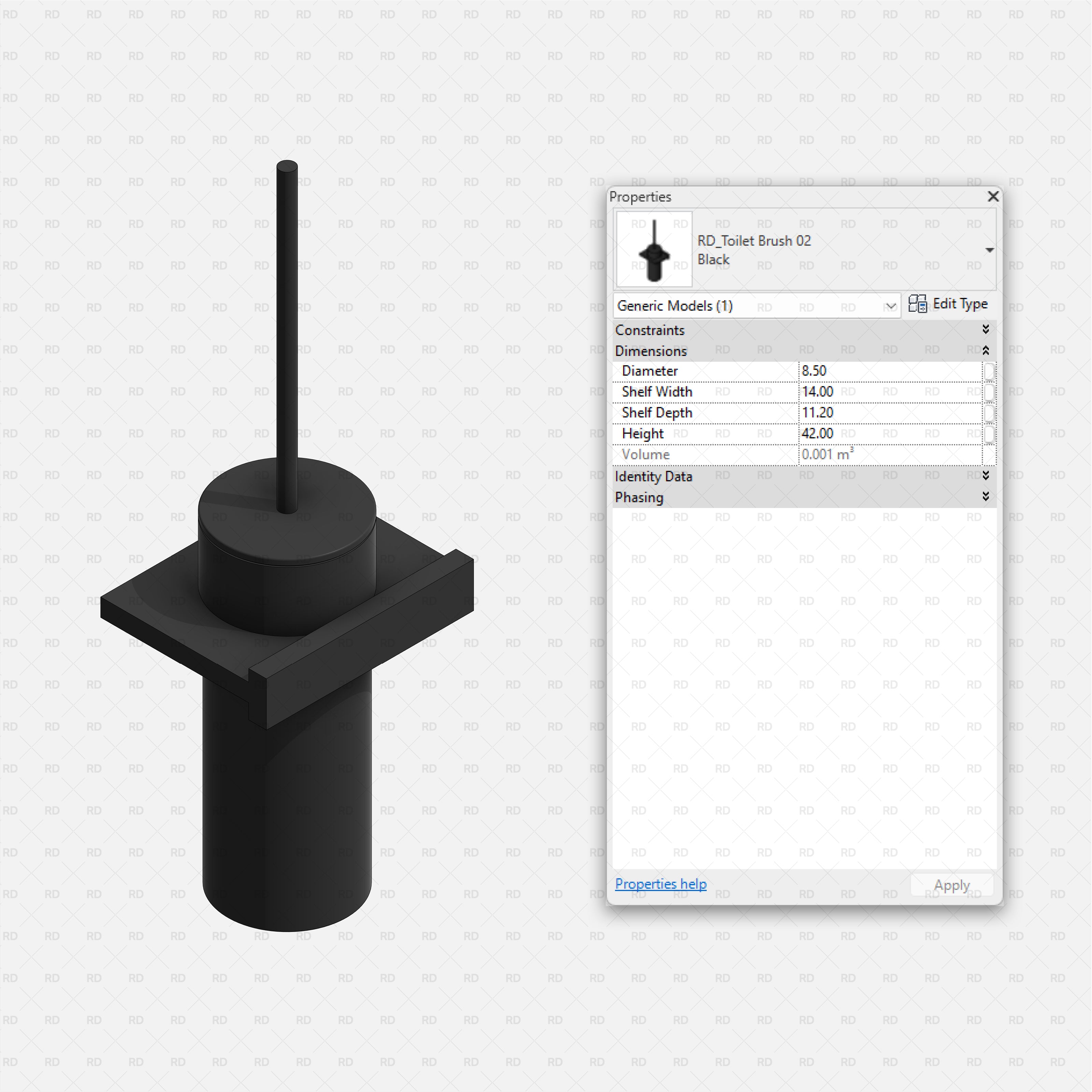 Revit Bathroom Furniture Accessories RD Studio BIM Blocks RFA Black Toilet Brush Holder With Mount Shelf Family