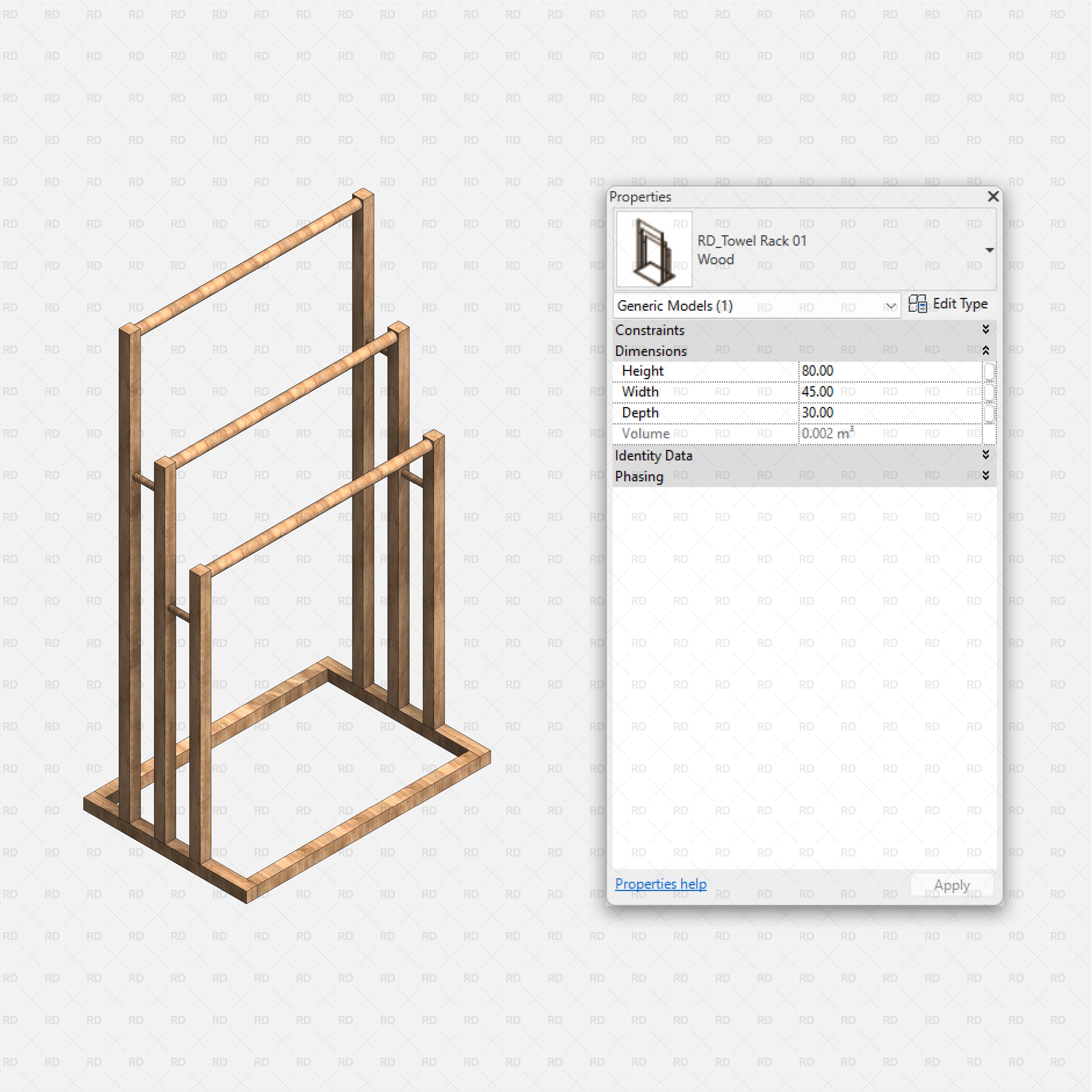 Revit Bathroom Furniture Accessories RD Studio BIM Blocks RFA Wooden Three Bar Freestanding Towel Rack 01 Family