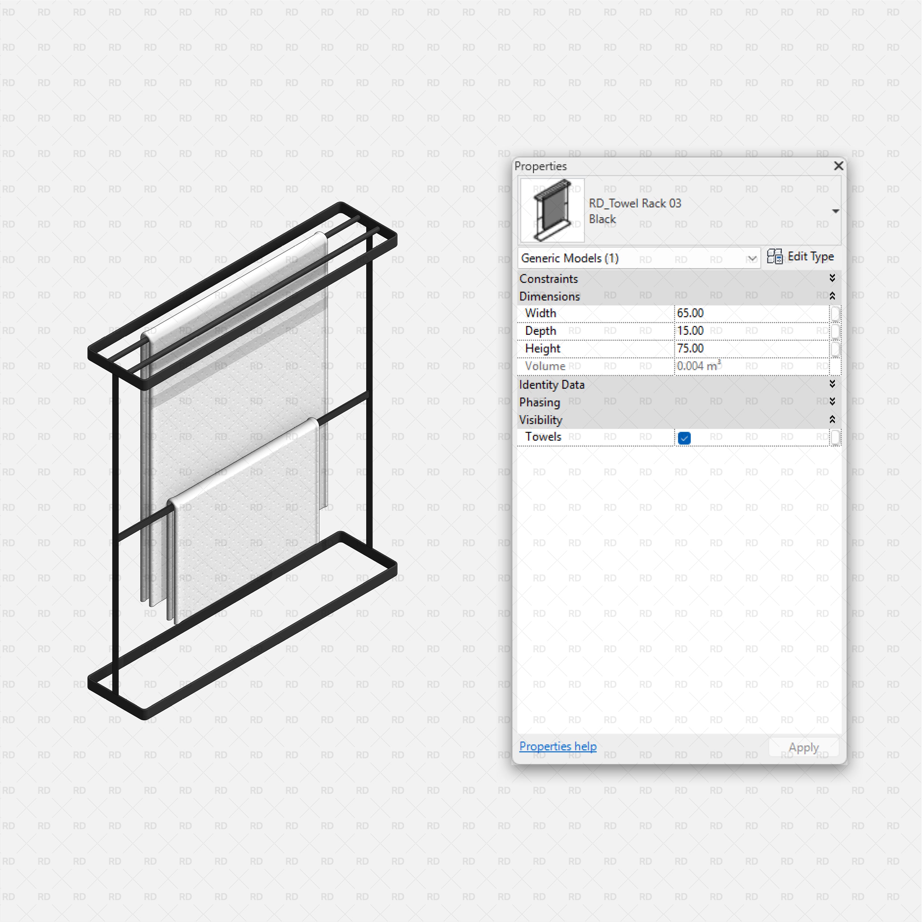Revit Bathroom Furniture Accessories RD Studio BIM Blocks RFA Black Wall Towel Rack 03 With Shelf And Towels Family