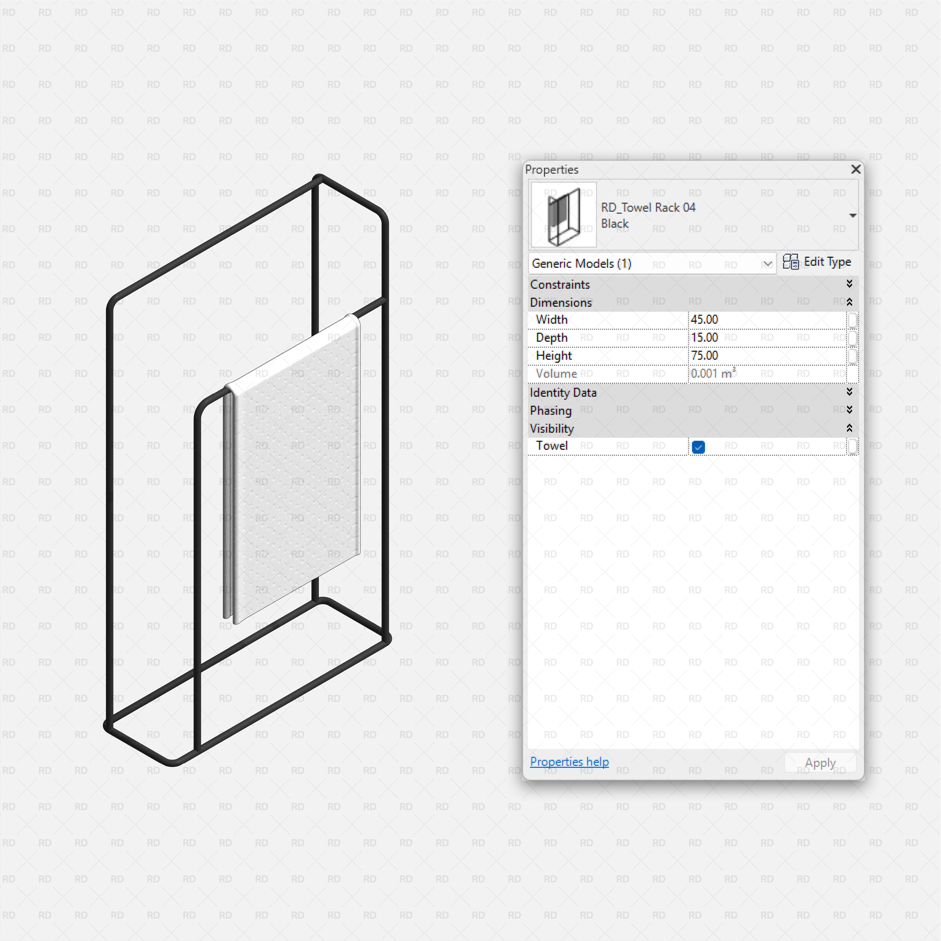 Revit Bathroom Furniture Accessories RD Studio BIM Blocks RFA Black Rectangular Frame Towel Rack 04 With Single Towel Family