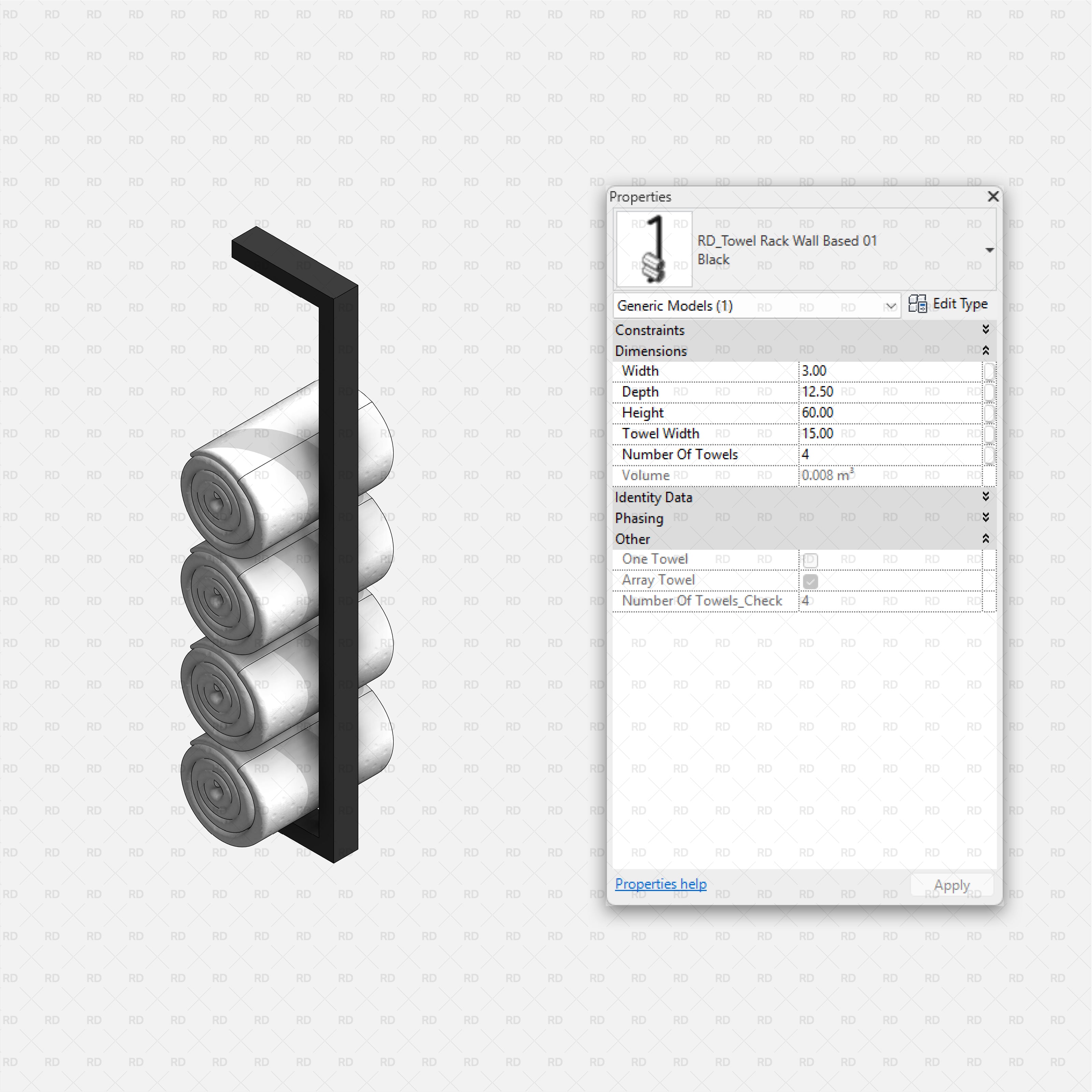 Revit Bathroom Furniture Accessories RD Studio BIM Blocks RFA Black Vertical Bar Wall Rack 01 Holding Four Rolled Towels Family