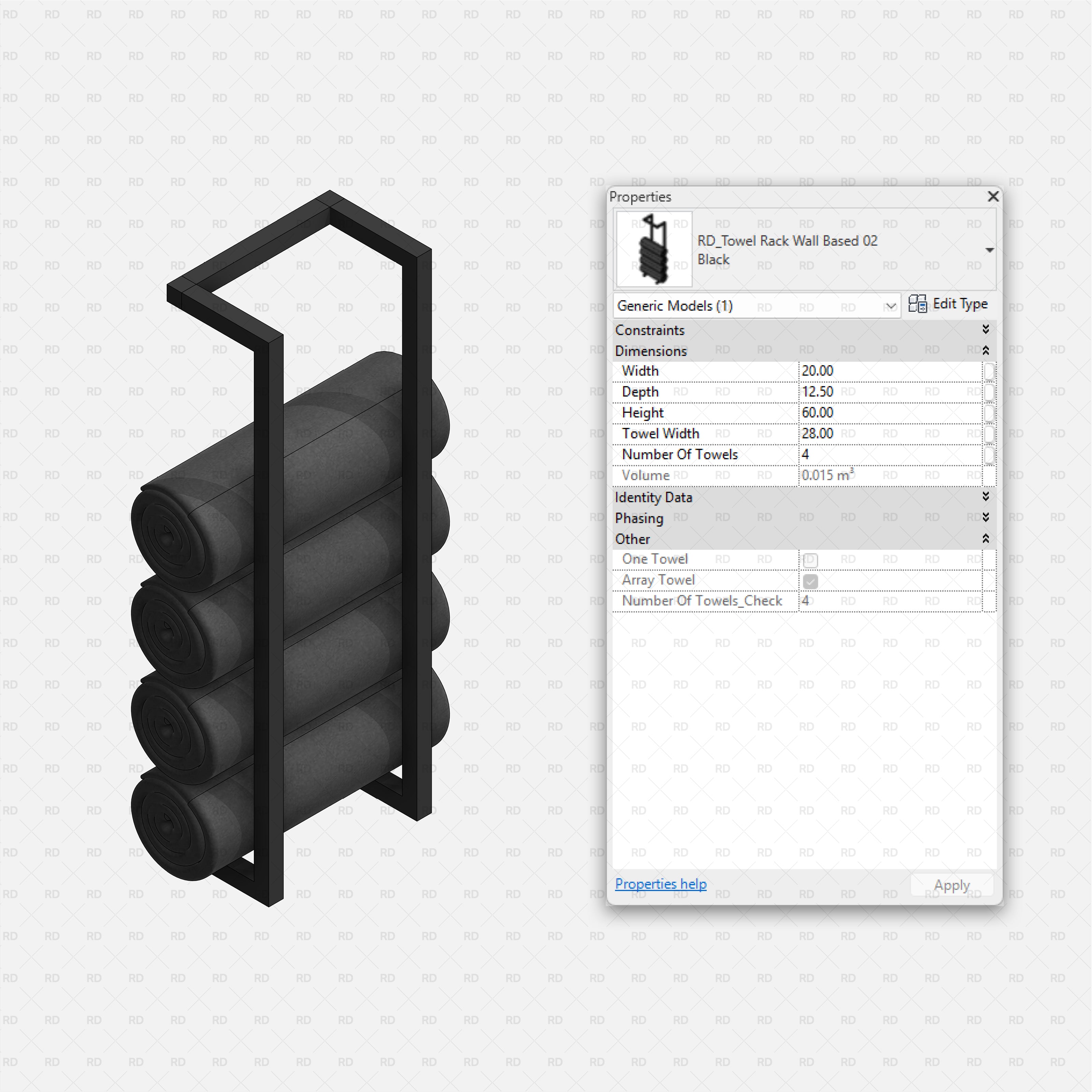 Revit Bathroom Furniture Accessories RD Studio BIM Blocks RFA Black Framed Wall Rack 02 With Four Large Rolled Towels Family