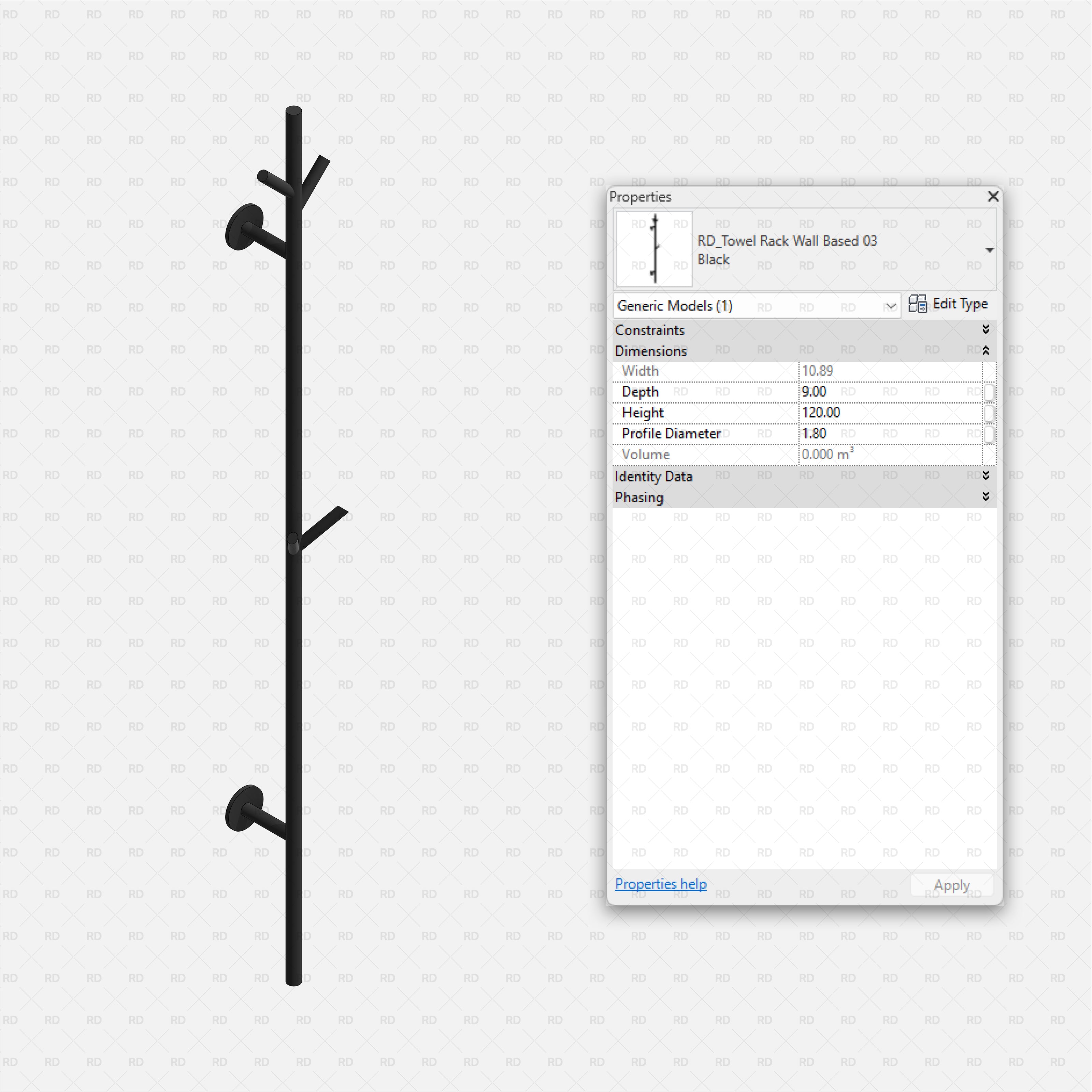 Revit Bathroom Furniture Accessories RD Studio BIM Blocks RFA Black Branch Style Wall Towel Rack 03 With Peg Hooks Family