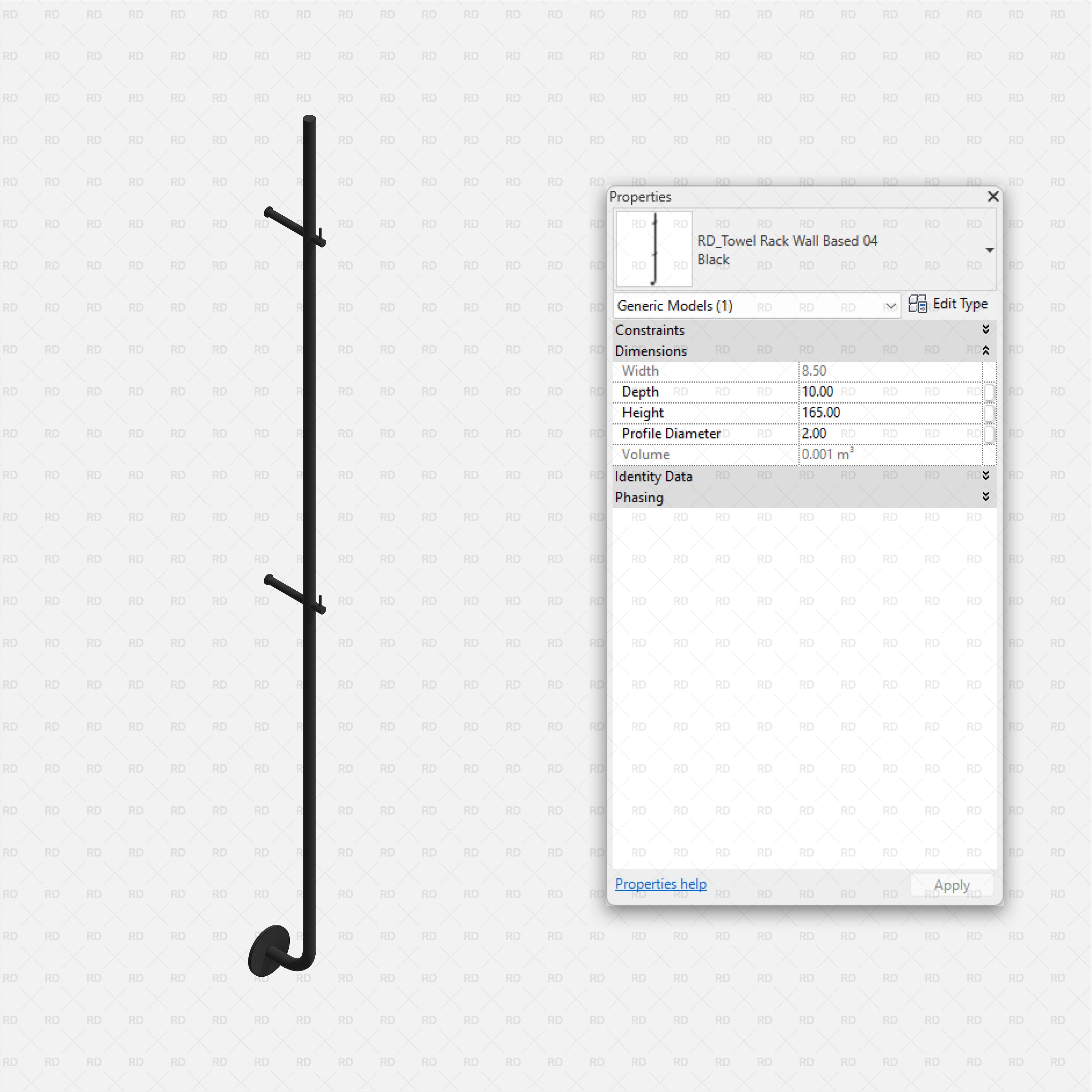 Revit Bathroom Furniture Accessories RD Studio BIM Blocks RFA Black Minimal Rod Wall Towel Rack 04 With Peg Hooks And Bottom Hook Family