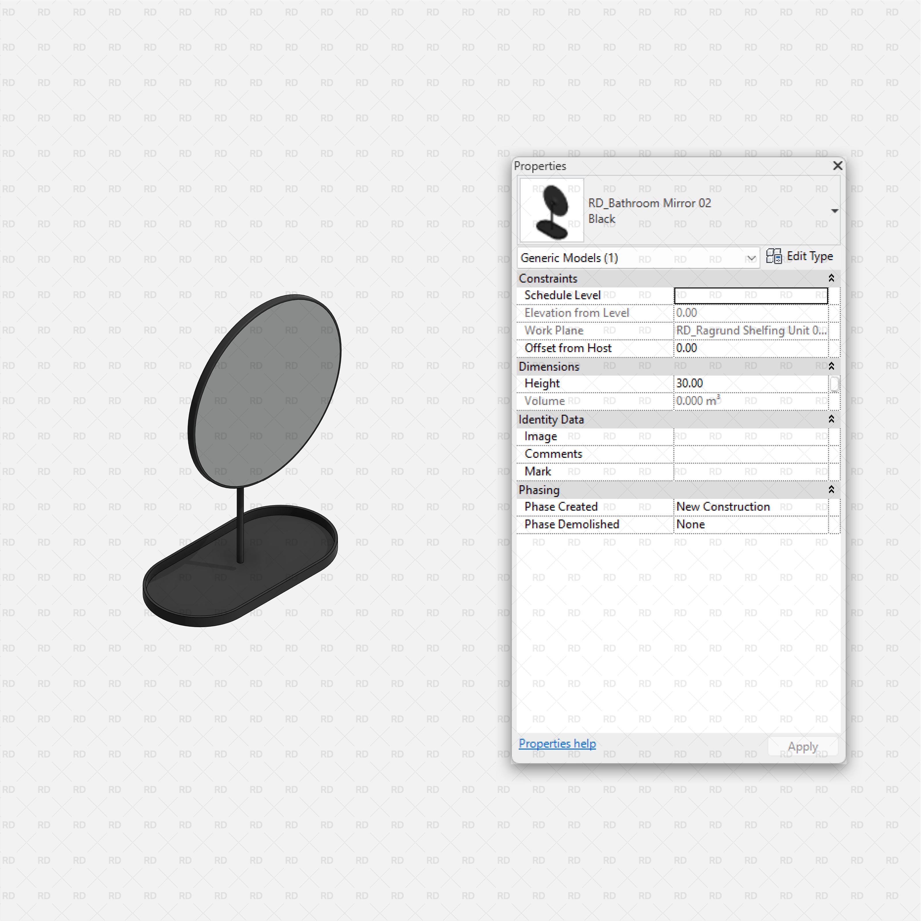 Revit Bathroom Furniture Accessories RD Studio BIM Blocks RFA Black - Mini Oval Tabletop Vanity Mirror Family