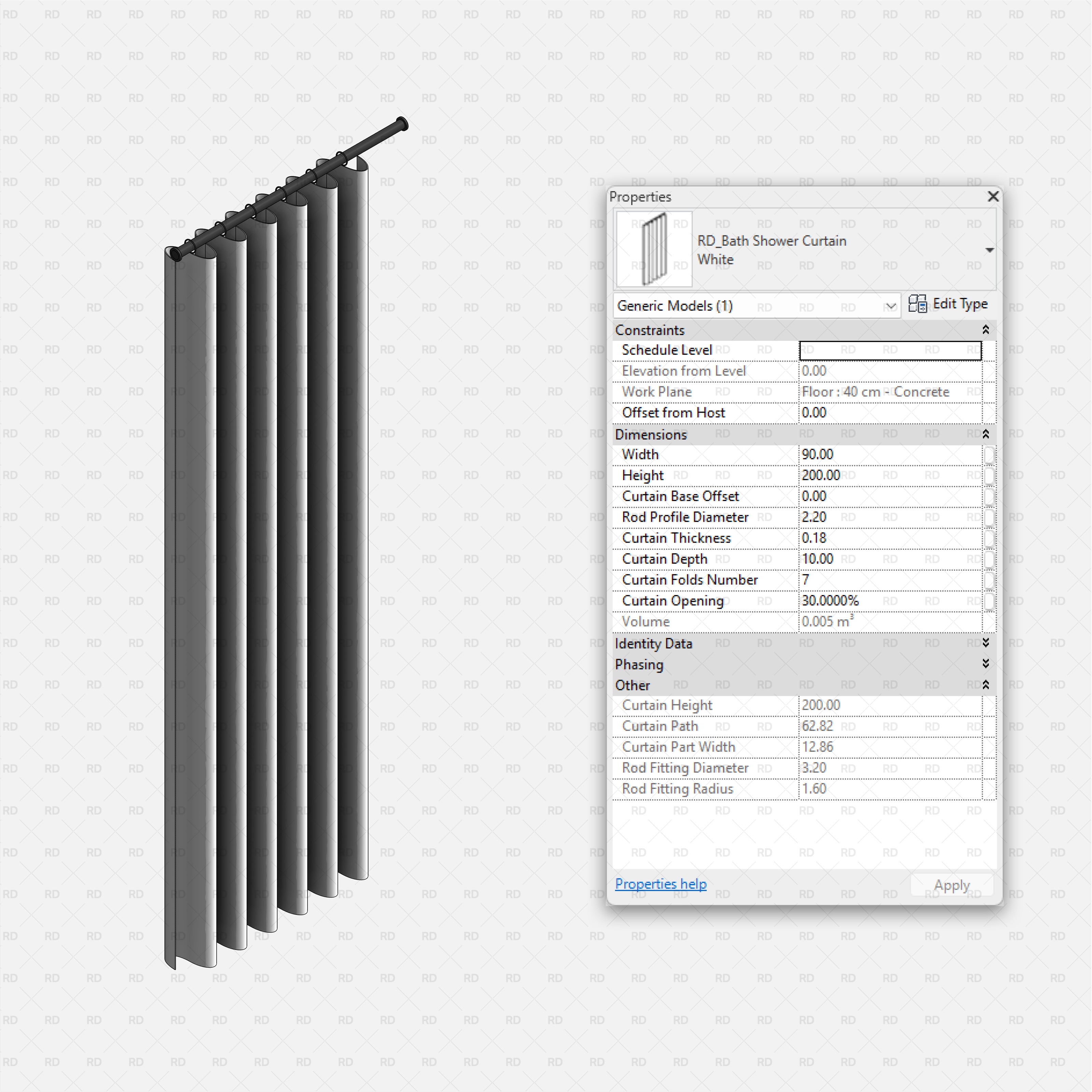 Revit Bathroom Furniture Accessories RD Studio BIM Blocks RFA - White Pleated Shower Curtain With Rod Family