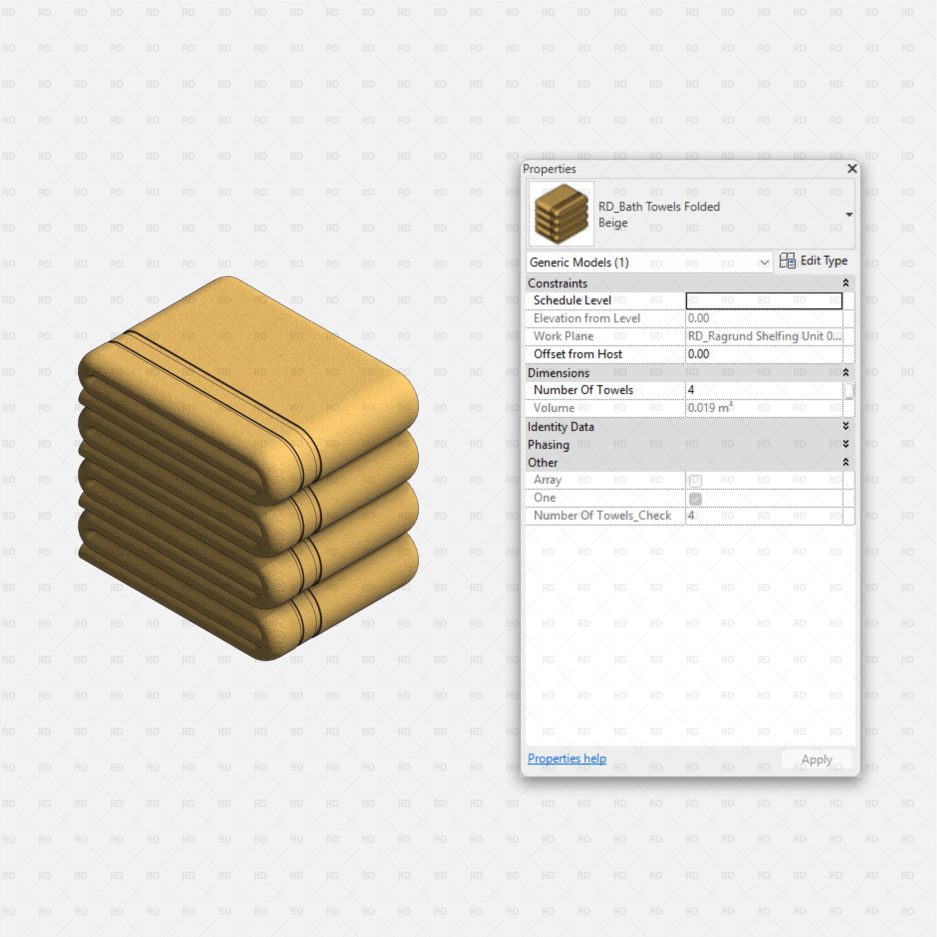 Revit Bathroom Furniture Accessories RD Studio BIM Blocks RFA Folded Beige Bath Towels Stack Family