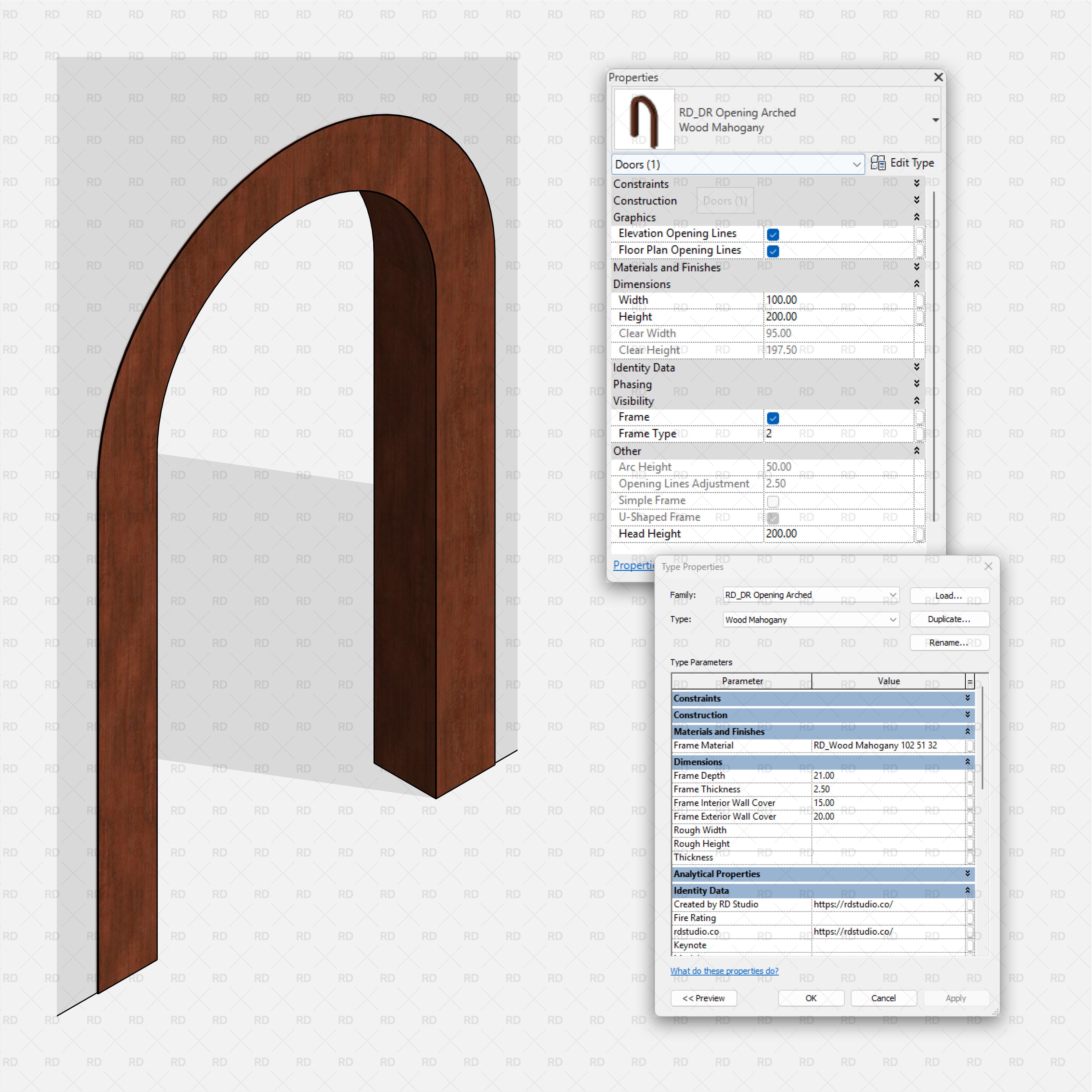 Revit 3D Realistic Wall Opening RD Studio BIM Blocks RFA Arched Door Opening Family With Mahogany Frame And Type Properties Panel
