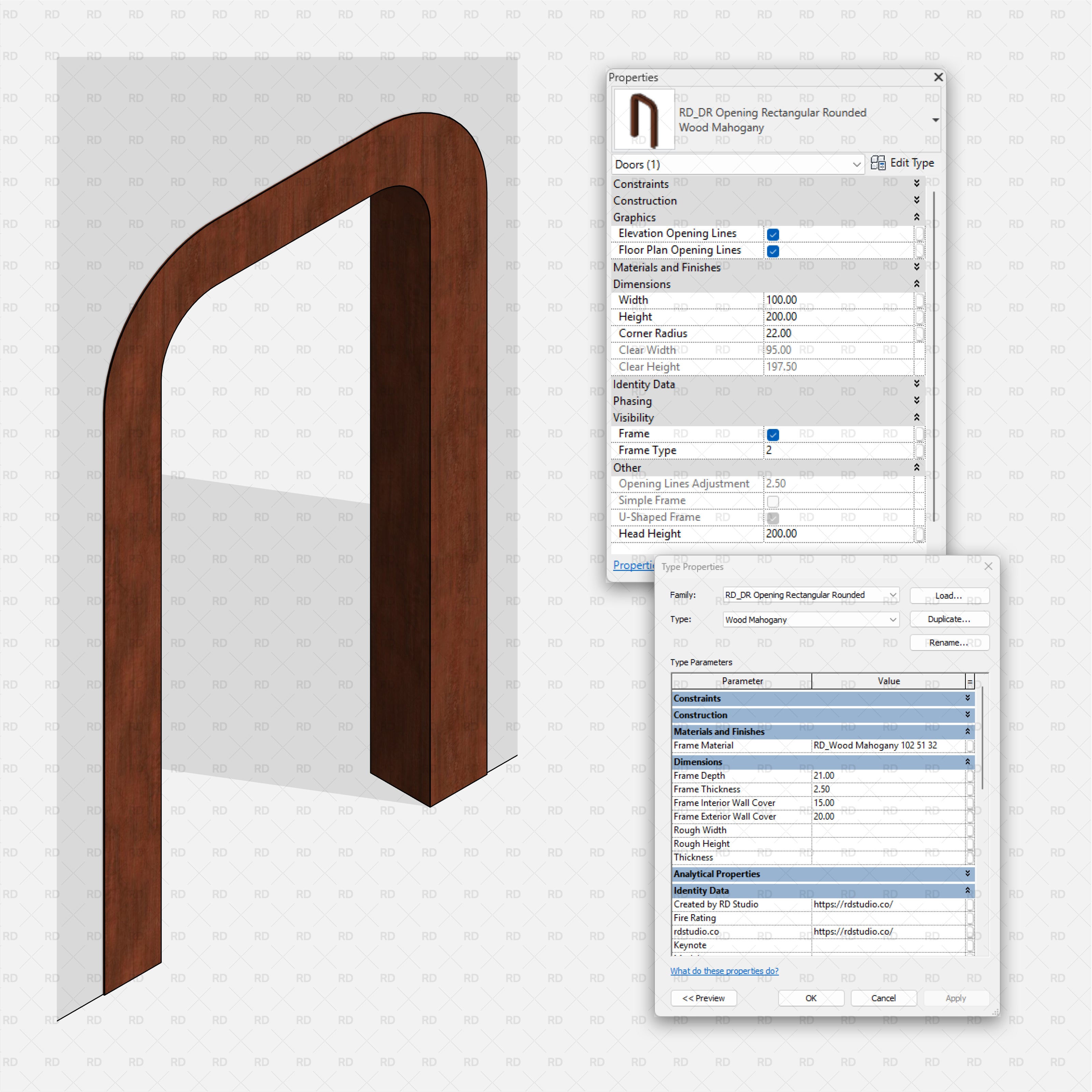 Revit 3D Realistic Wall Opening RD Studio BIM Blocks RFA Rounded Rectangular Opening Family With Mahogany Frame, Properties Shown