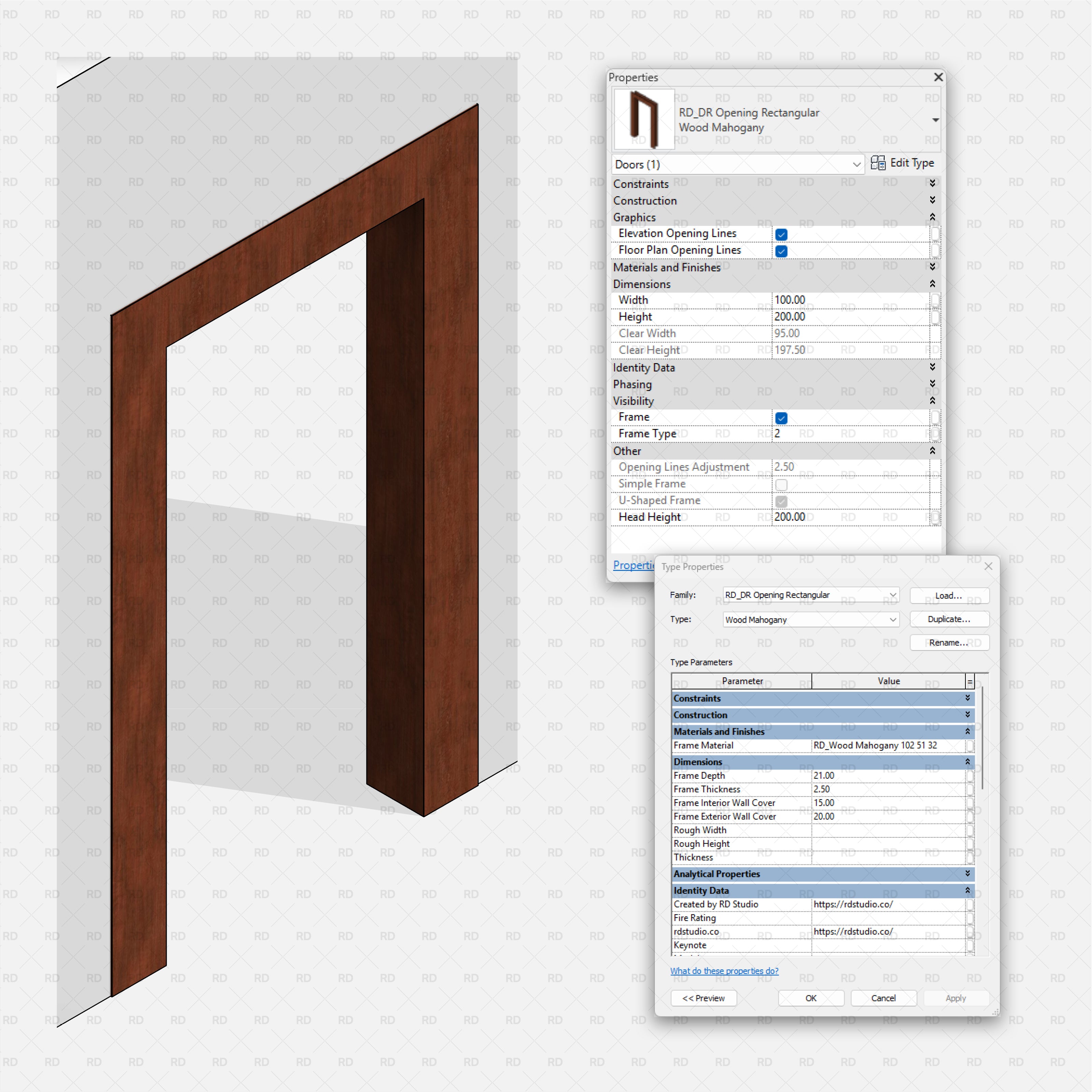 Revit 3D Realistic Wall Opening RD Studio BIM Blocks RFA Rectangular Opening Family With Mahogany Frame And Editable Parameters