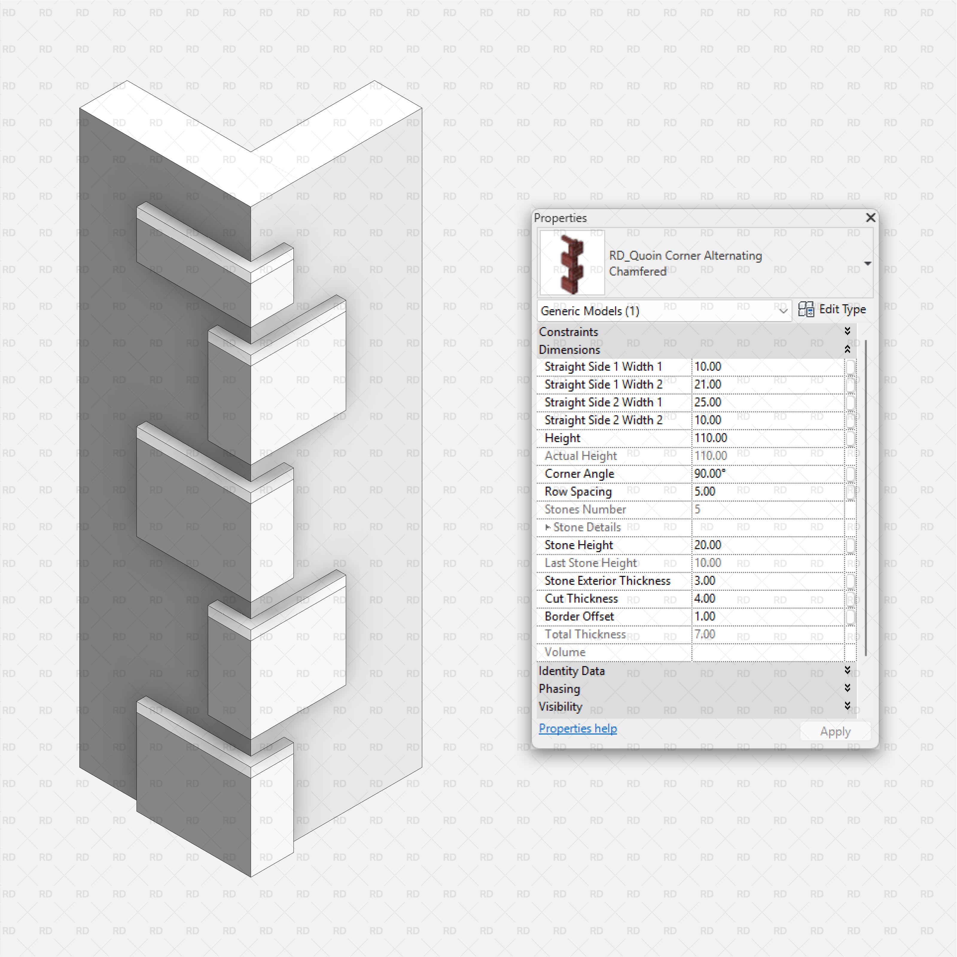 revit wall quoins RD Studio BIM blocks rfa Alternating Chamfered Corner Quoins With Adjustable Dimensions And Row Spacing