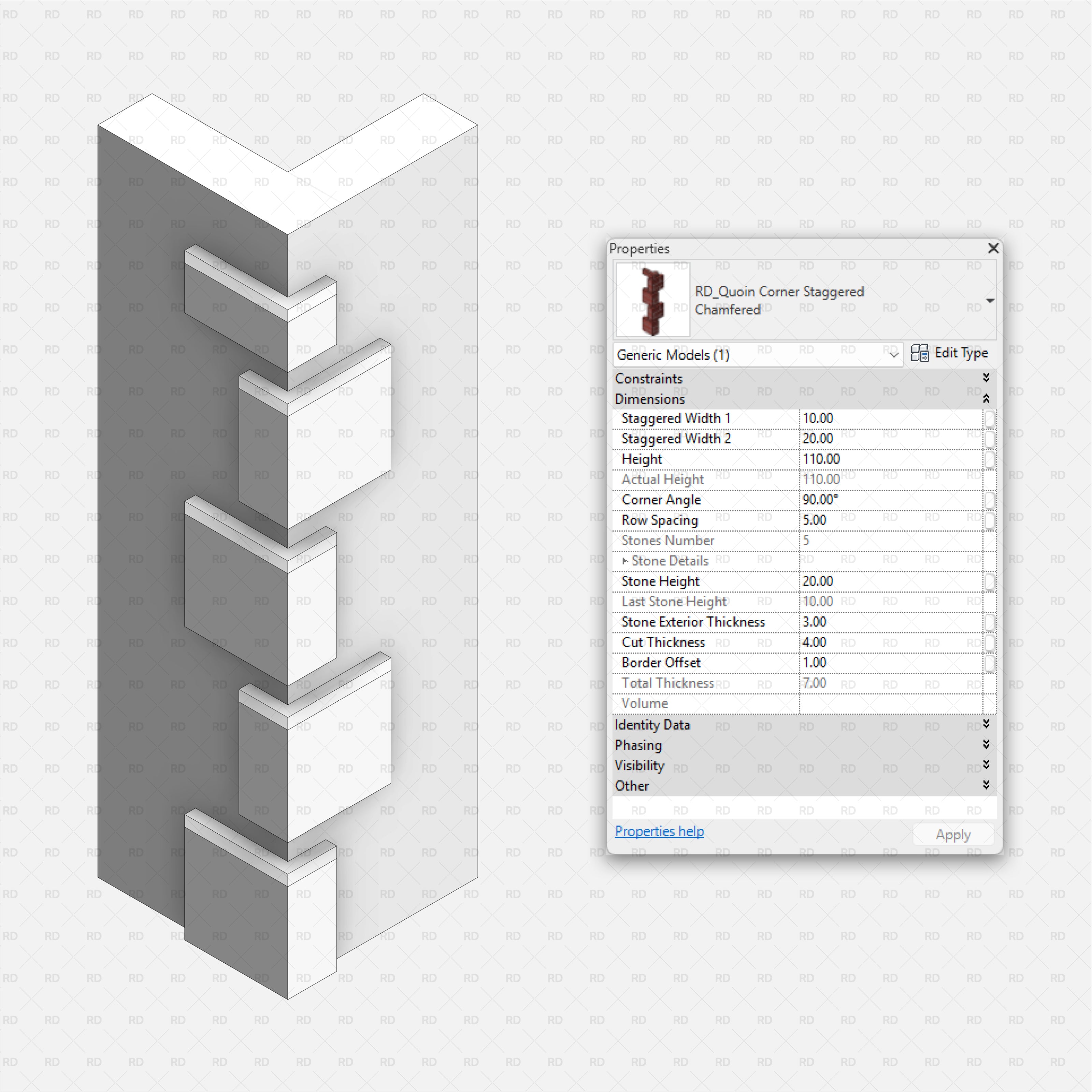 revit wall quoins RD Studio BIM blocks rfa Staggered Chamfered Corner Quoins Showing Stone Height, Exterior Thickness, Cut Settings
