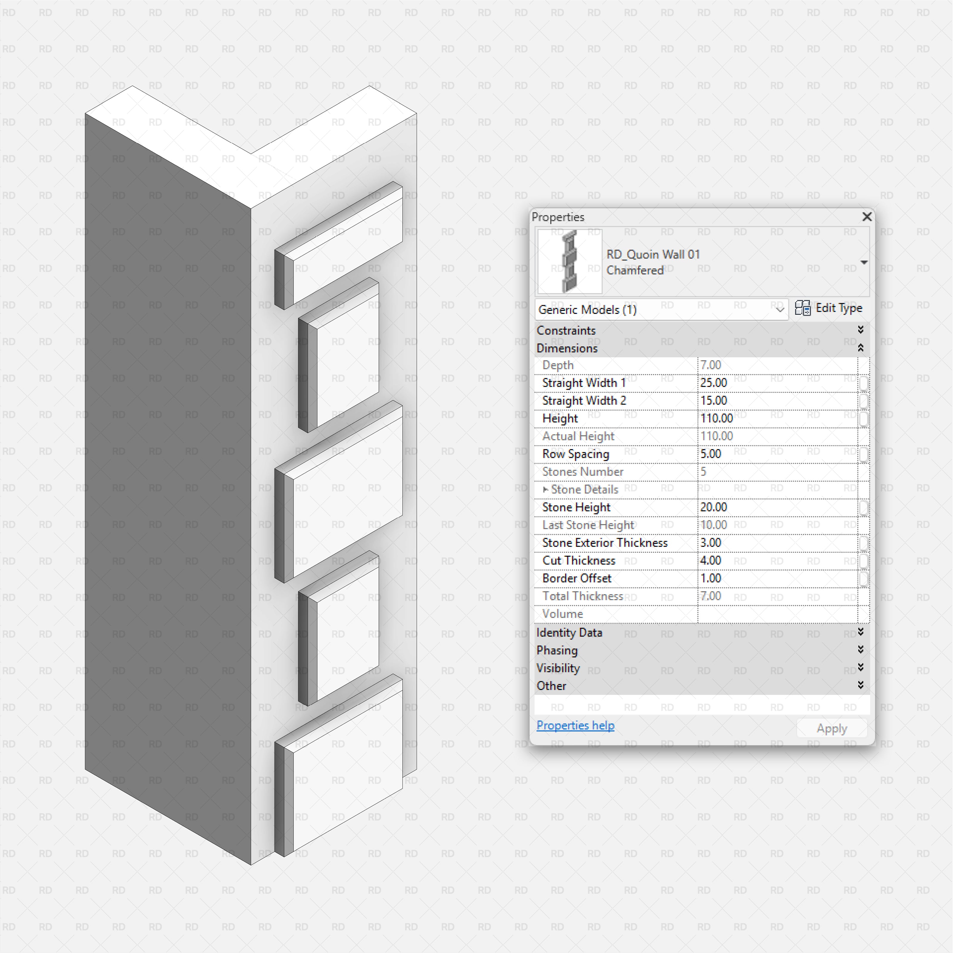 revit wall quoins RD Studio BIM blocks rfa — Flat Facade Quoins, Chamfered Blocks, With Editable Parameters