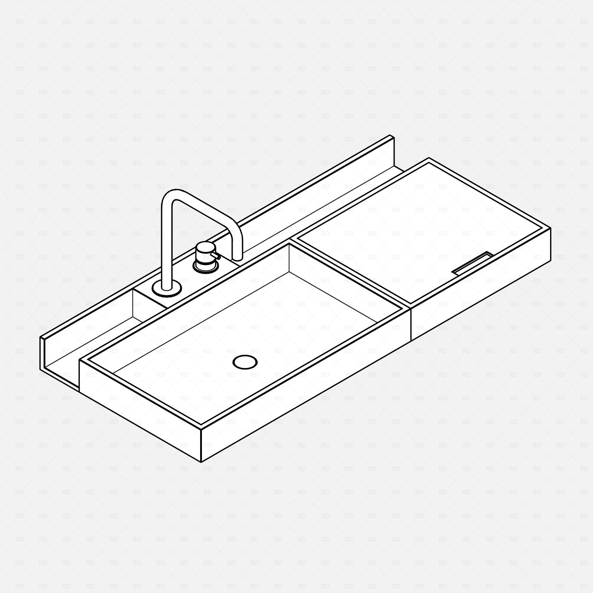 Linework isometric view of Revit sink and vanity family – minimalist bathroom furniture with faucet and dispenser.