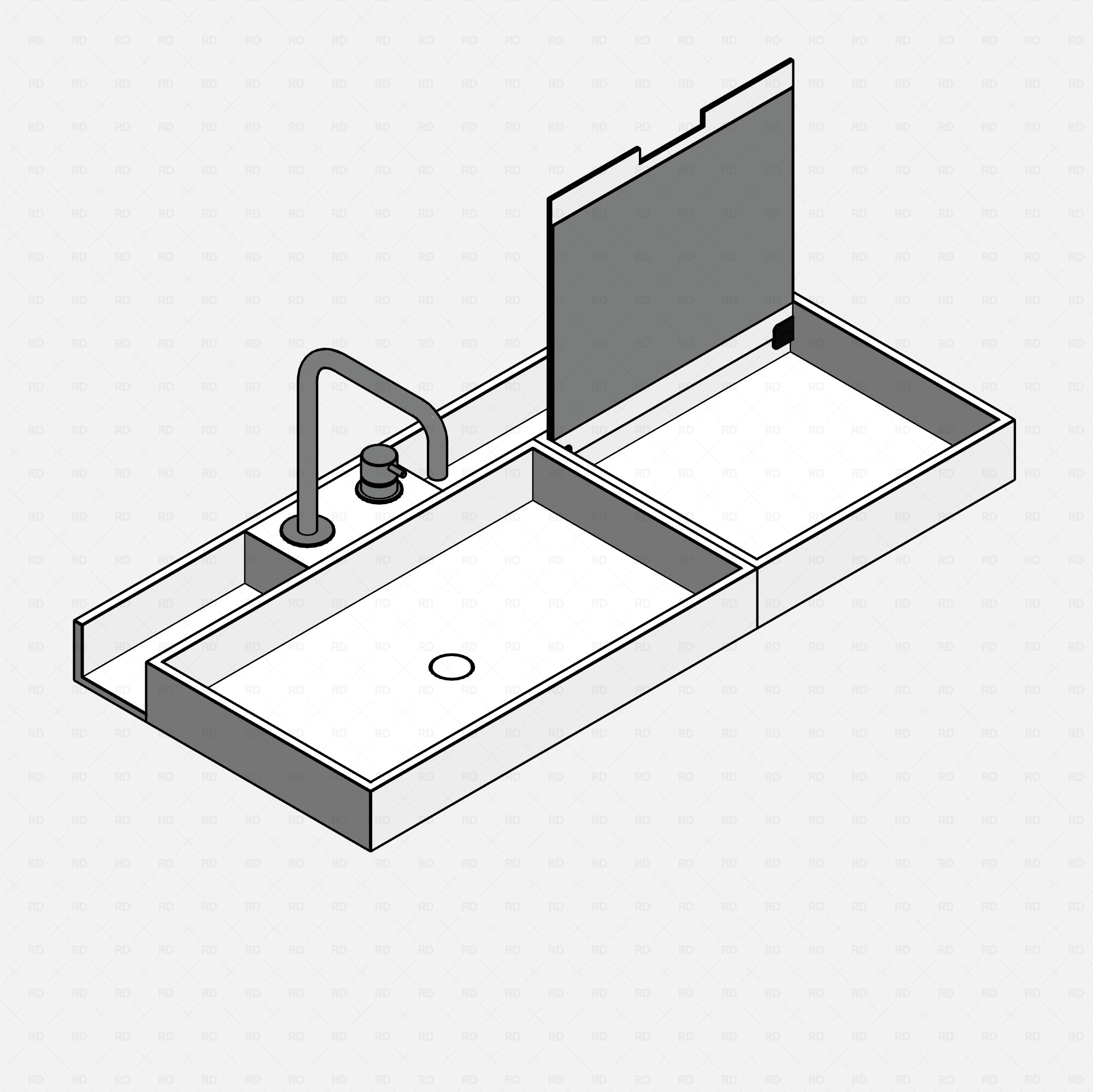 Revit bathroom vanity family with open storage lid in 3D shaded view – includes faucet, soap dispenser, and deep sink basin.