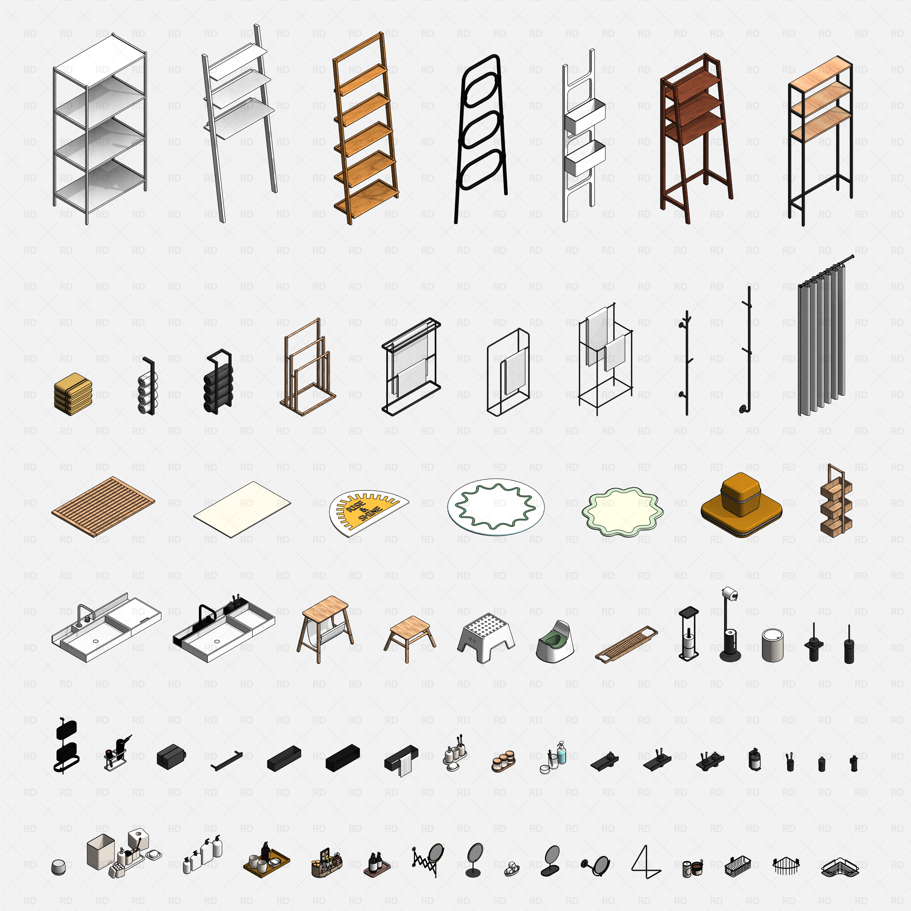 Revit bathroom furniture accessories families RD Studio BIM blocks RFA – isometric overview of shelves, ladders, vanities, sinks