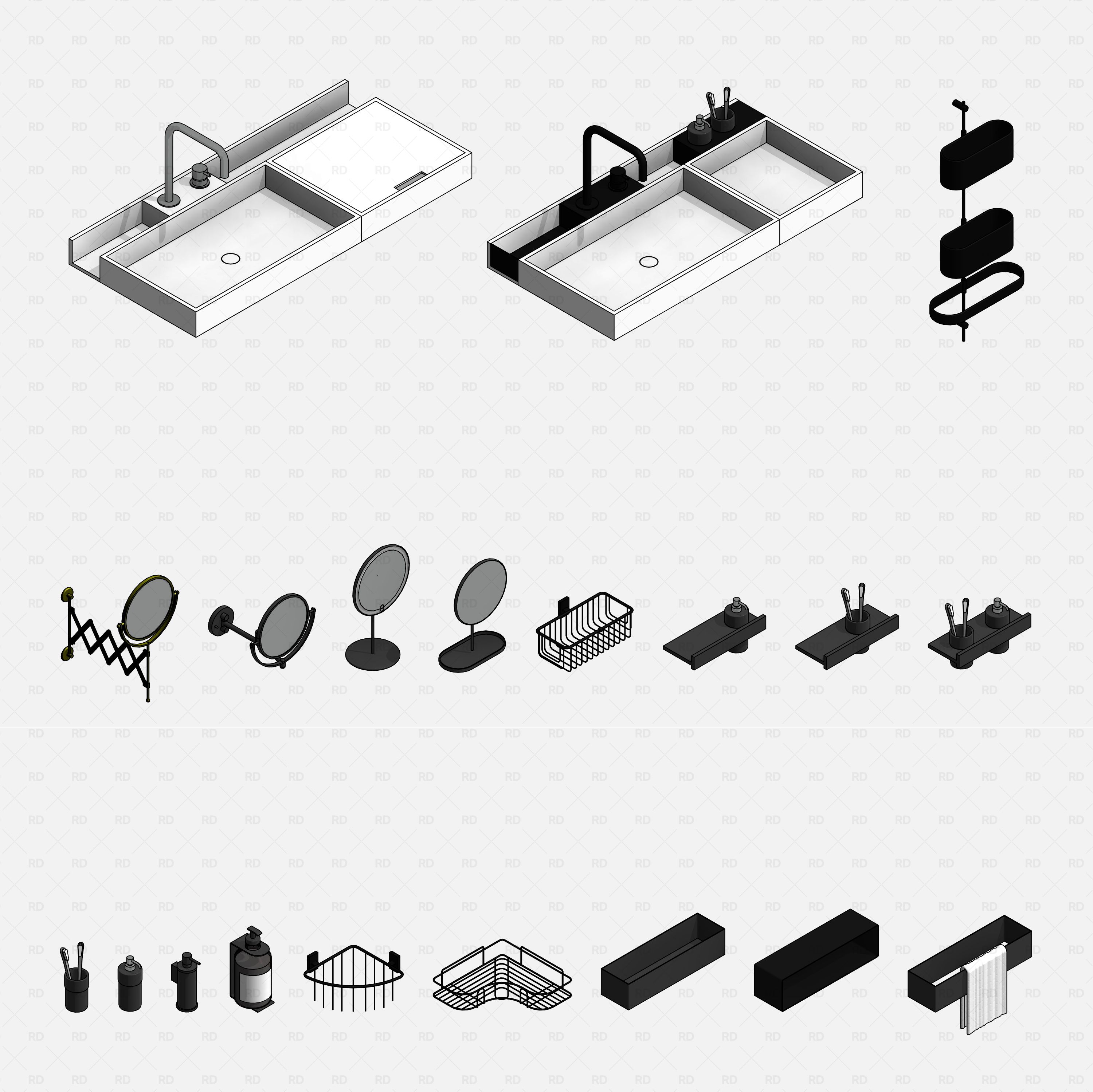 Revit bathroom furniture accessories families RD Studio BIM blocks RFA – isometric overview of shelves, ladders, vanities, sinks