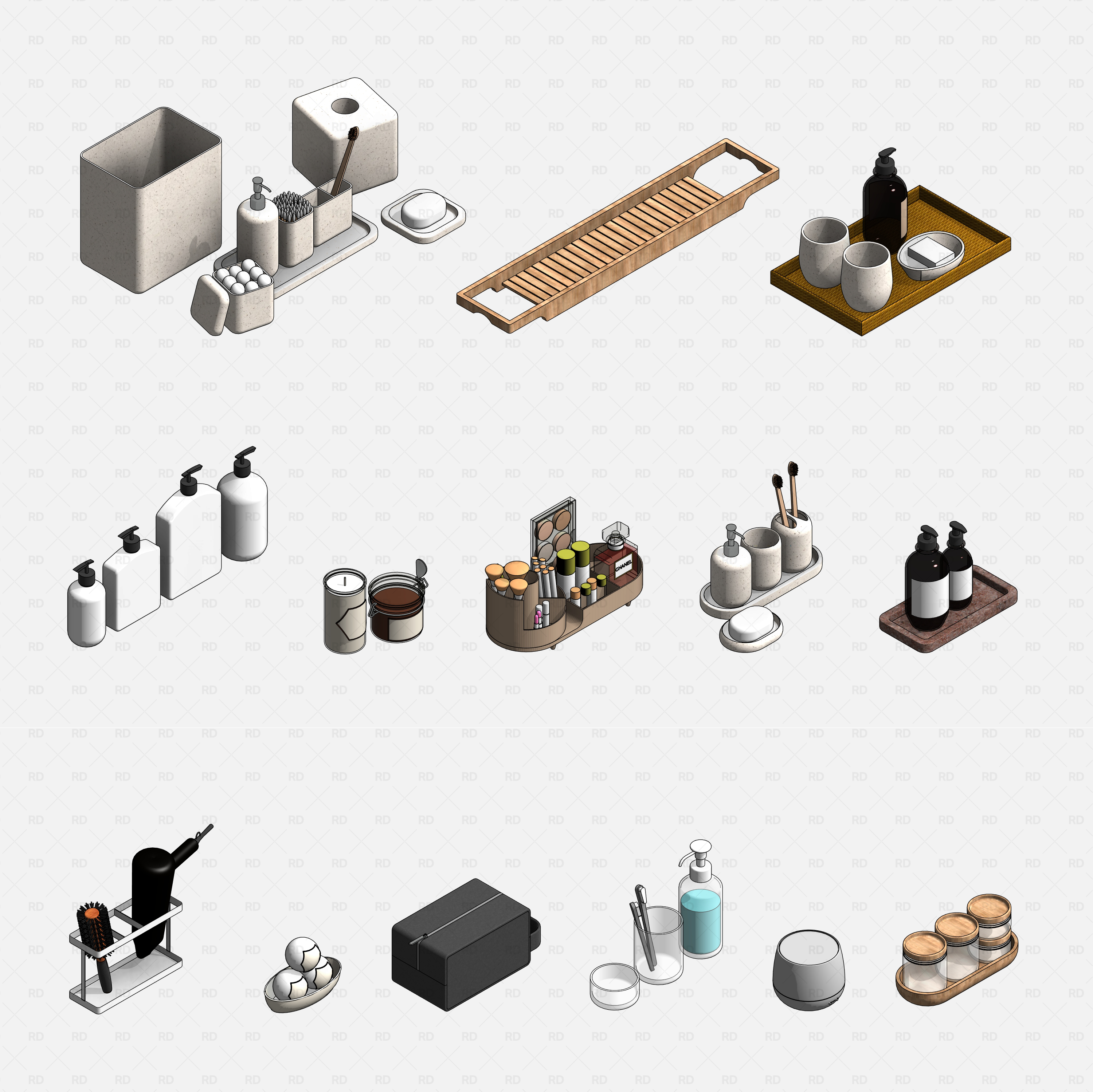 revit bathroom furniture accessories RD Studio BIM blocks RFA – trays with dispensers, soap dish, caddy, makeup set